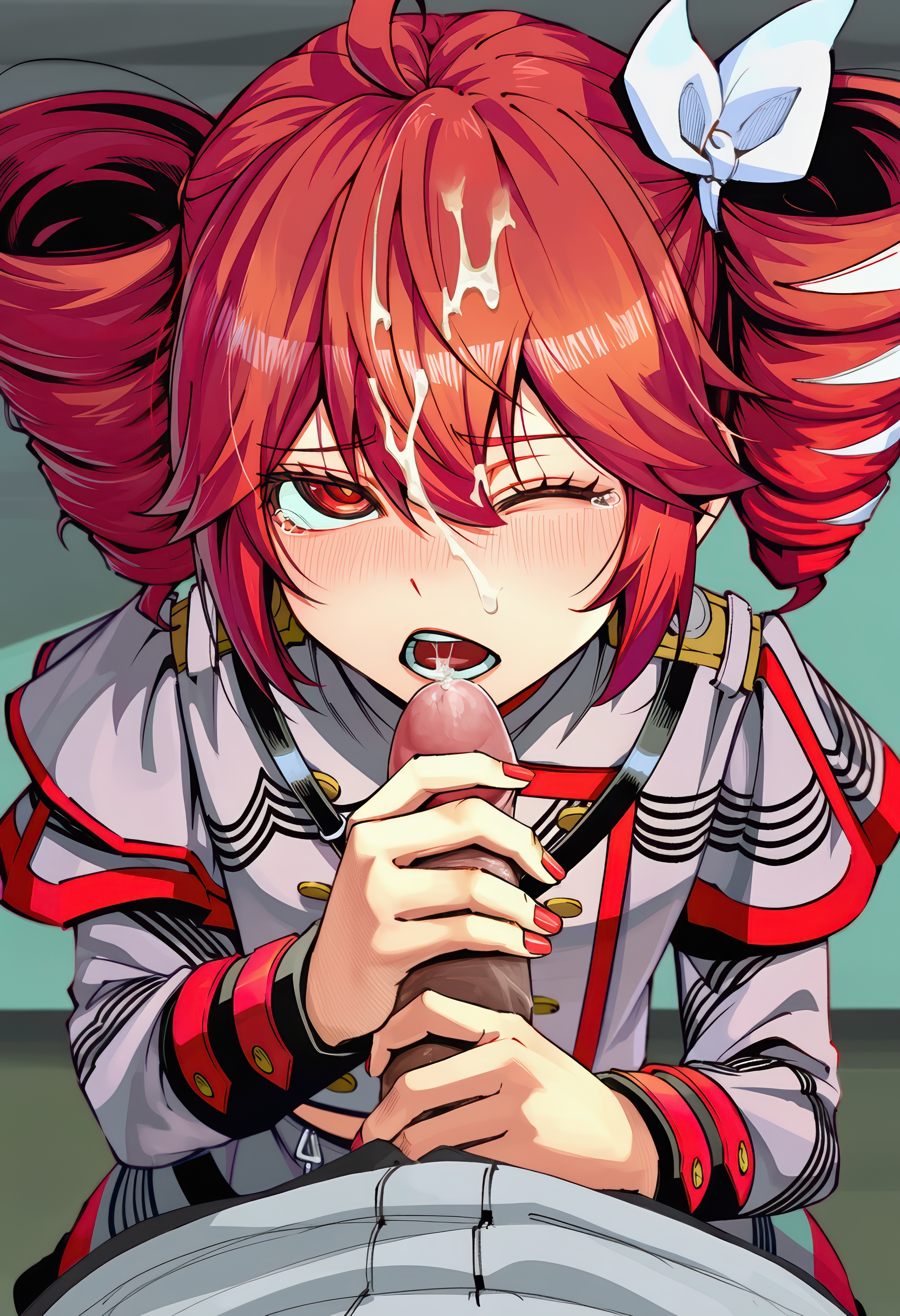 1boy, 1girls, absurdres, ahoge, ai generated, blush, bow, buttons, cum, cum in mouth, cum on hair, drill hair, erection, facial, fellatio, female, female focus, fingernails, fluffyhairenjoyer, grey jacket, grey skirt, hair between eyes, hairbow, handjob, highres, jacket, kasane teto, kasane teto (sv), long sleeves, looking at viewer, lower teeth only, male, nail polish, novelai, one eye closed, open mouth, oral, penis, penis grab, playing skinflute, pov, red eyes, red hair, red nails, shirt, shoulder boards, skirt, solo focus, straight, synthesizer v, teeth, twin drills, two-handed handjob, uncensored, utau, white bow, wince