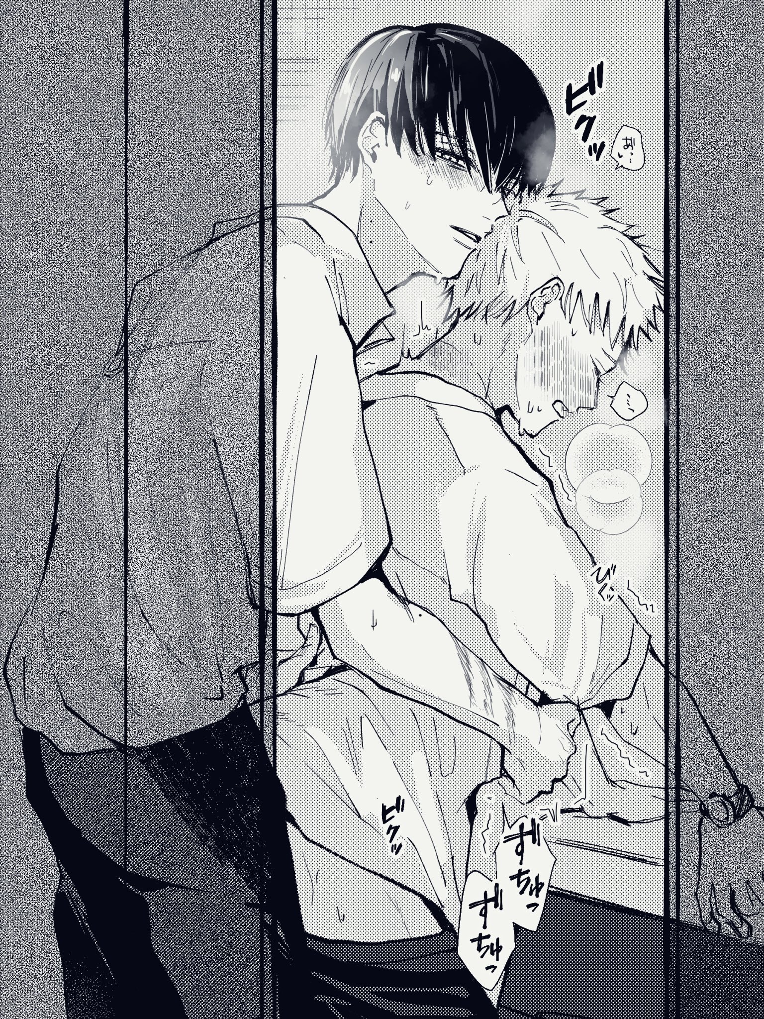 anal, anal sex, black and white, blush, gay, gay sex, hikaru indou, hikaru indou (the summer hikaru died), looking at viewer, male, mole, sweating, the summer hikaru died, yaoi, yoshiki tsujinaka