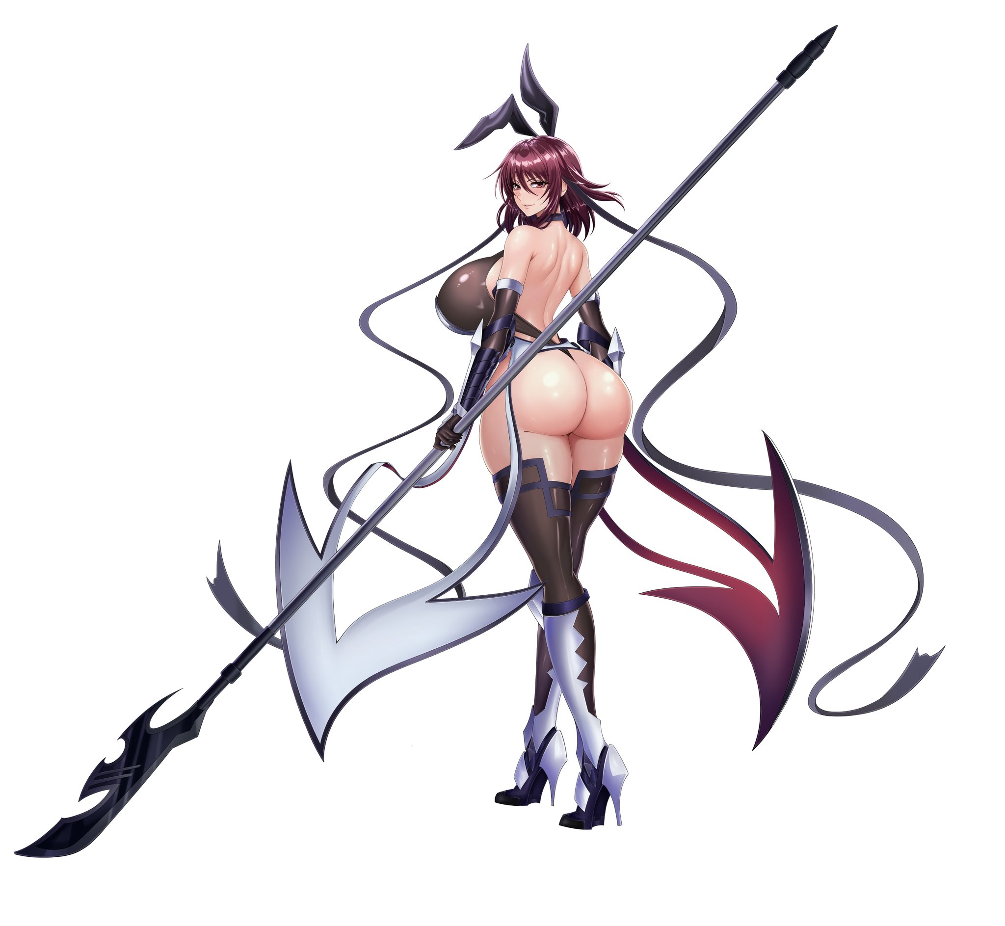 1girls, aivibarentain, ass, ass focus, big ass, big breasts, breasts, female, female focus, female only, high heels, huge ass, huge breasts, large ass, large breasts, light-skinned female, looking at viewer, mature female, milf, mizuki shiranui, solo, taimanin (series), thick thighs, thighhighs, thighs, white background, wide hips