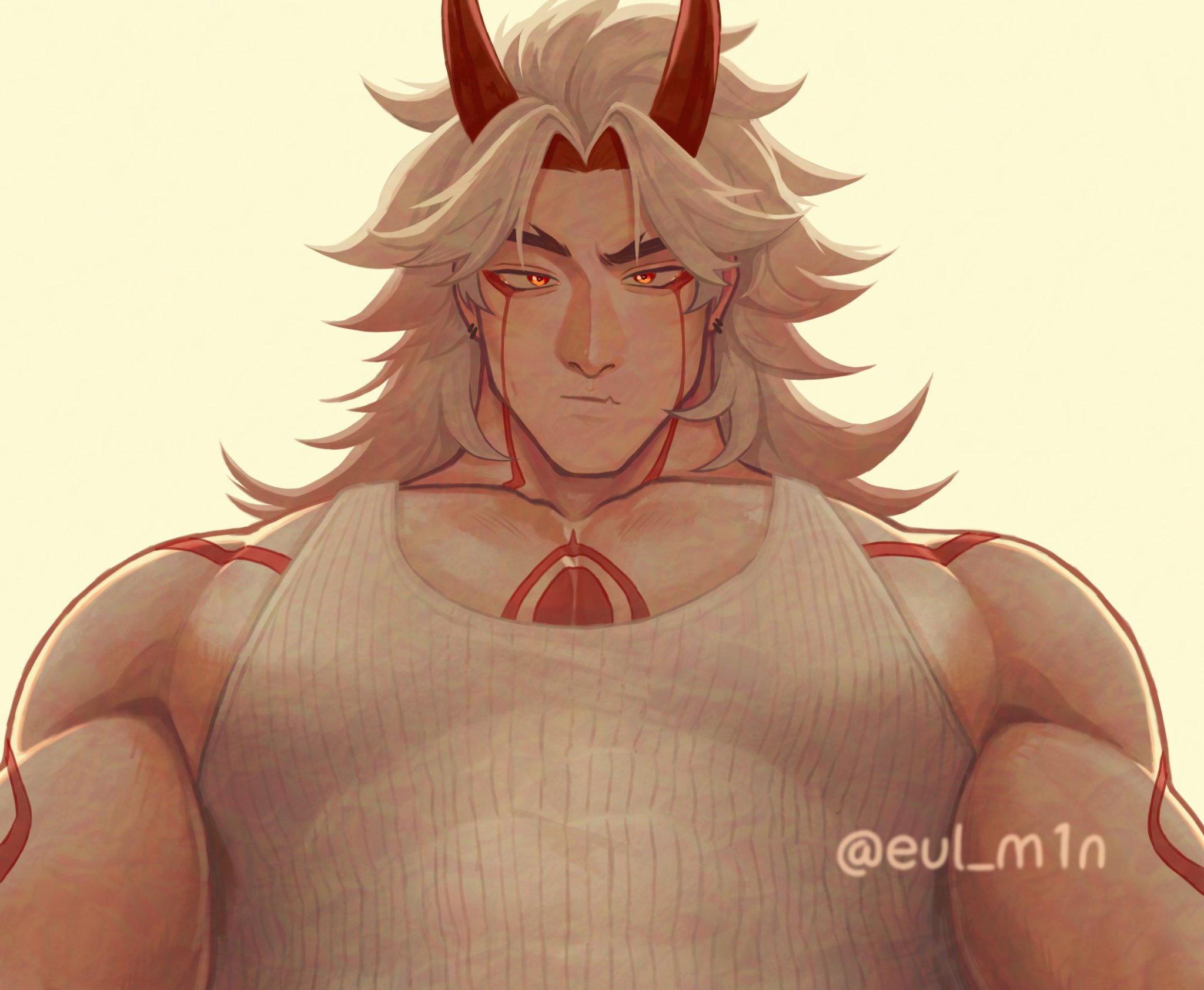 arataki itto, demon, eul m1n, genshin impact, male, male only, oni, oni horns, pectoral focus, pectorals, red horns, red tattoo, shirt, solo, tagme, tattoo, white shirt, wife beater