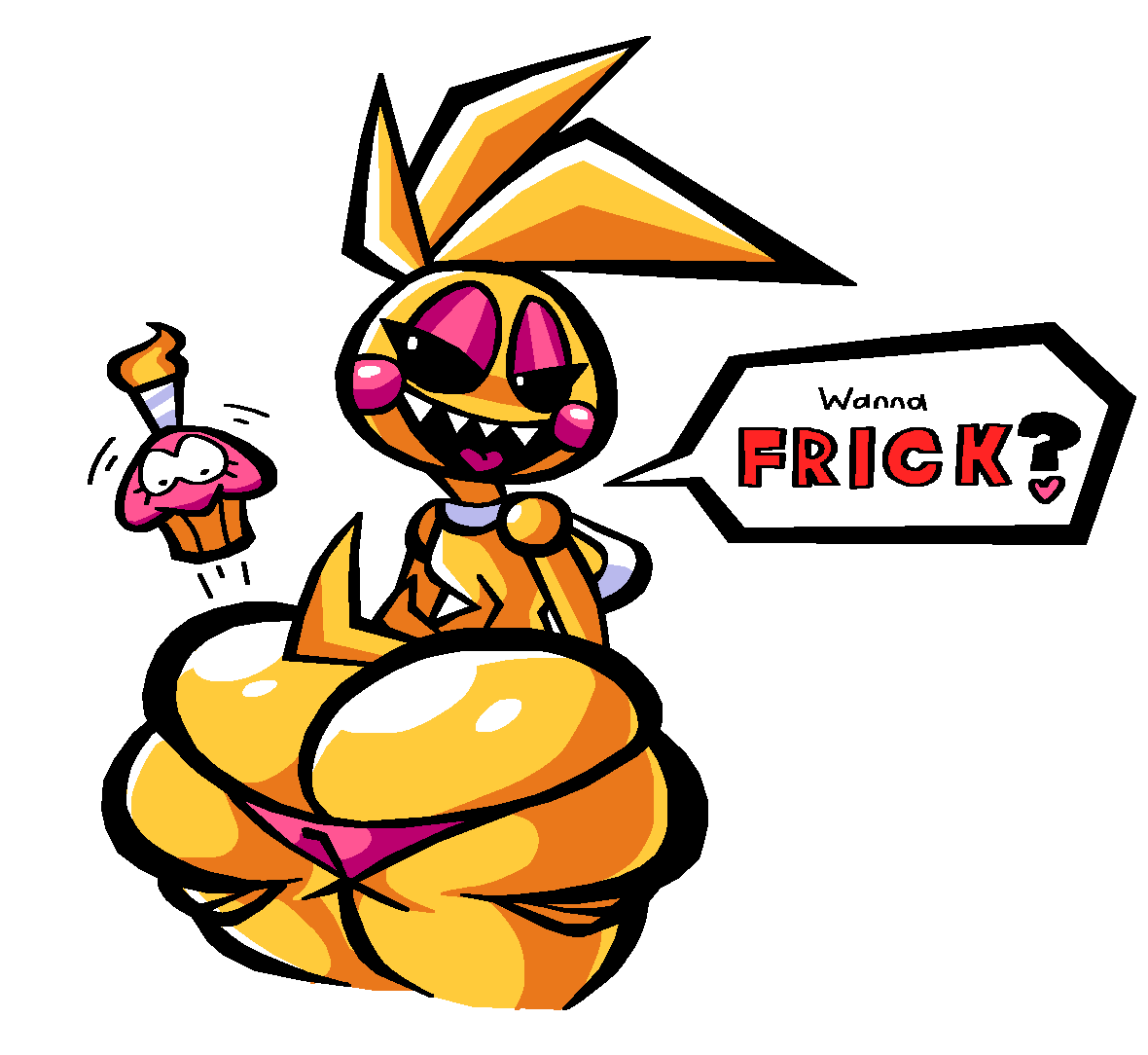 1girls, animatronic, animatronic female, beakless, chicken, chicken girl, cupcake (fnaf), dialogue, female, female only, five nights at freddy's, five nights at freddy's 2, five nights at frickbears, five nights at frickbears 3, fnaf, phasianid, robot, robot girl, sabs, scottgames, solo, toy chica (fnaf), yellow, yellow skin