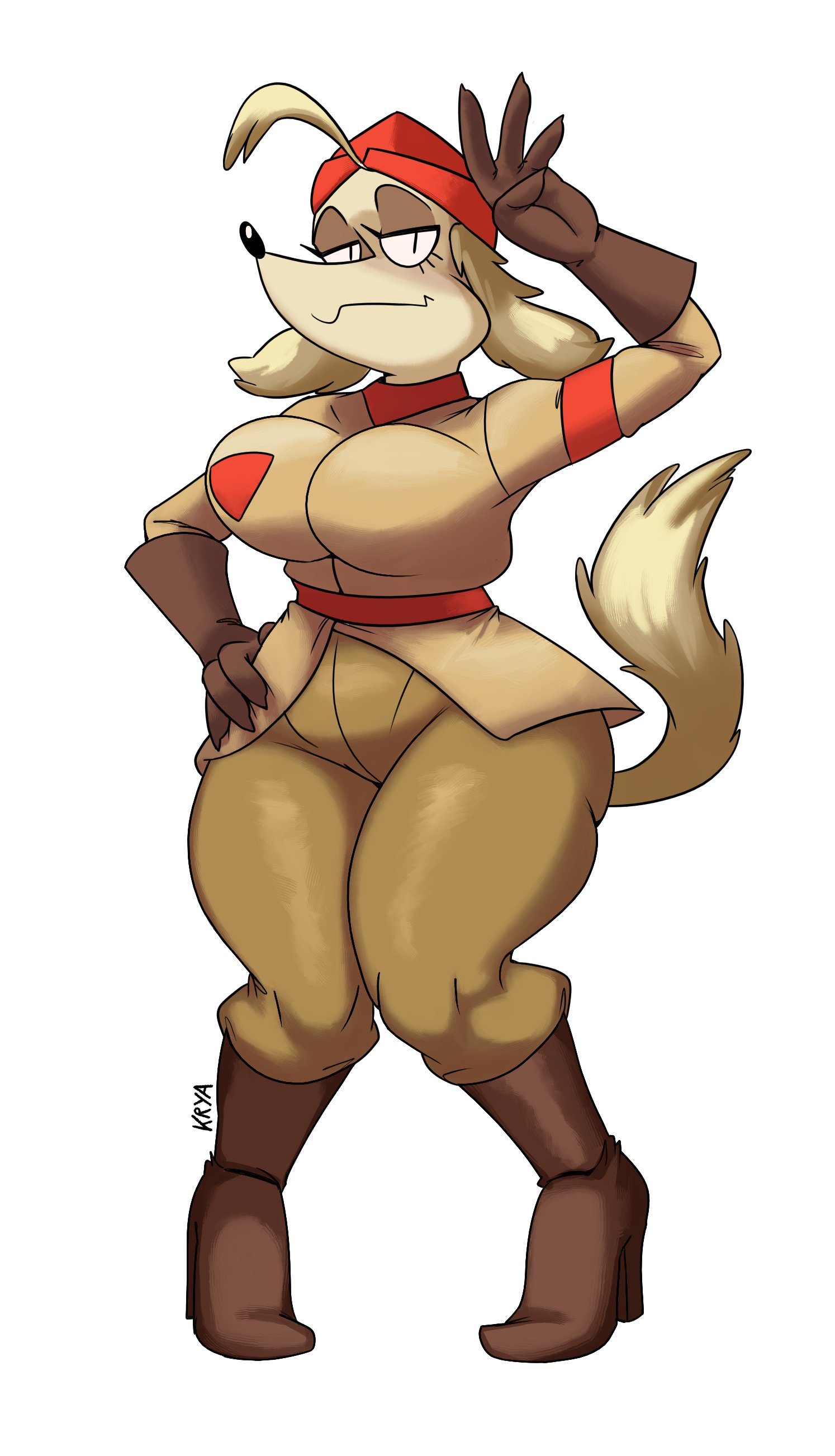 absurd res, anthro, armband, belt, big breasts, black eyes, black nose, boots, bottomwear, breasts, brown body, brown boots, brown bottomwear, brown clothing, brown footwear, brown fur, brown gloves, brown handwear, brown pants, canid, canine, canis, clothed, clothing, cuphead (game), domestic dog, eyelashes, female, floppy ears, footwear, front view, fur, gloves, hand on hip, handwear, hat, headgear, headwear, hi res, hunting dog, kryadrawgin, looking at viewer, lop ears, mammal, military hat, military uniform, pants, pilot saluki (cuphead), pupils, red clothing, red hat, red headwear, saluki, sergeant o'fera, shoes, sighthound, simple background, slit pupils, solo, tan body, tan clothing, tan fur, tan topwear, thick thighs, topwear, uniform, white background, wide hips