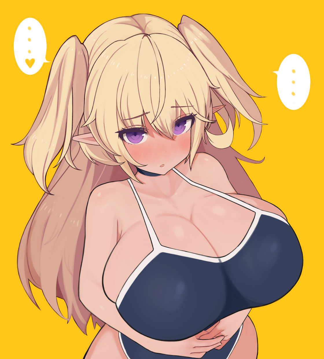 ..., 1girls, 2021, blue swimsuit, blush, breasts, choker, cleavage, dark elf, dark elven forest ranger, dark skin, dark-skinned female, elf, embarrassed, eyebrows visible through hair, female, female only, hair between eyes, hands together, heart, highres, huge breasts, last origin, long ears, long hair, looking at viewer, one-piece swimsuit, open mouth, orange background, pointy ears, purple eyes, rose neru, school swimsuit, short twintails, simple background, skindentation, solo, speech bubble, spoken ellipsis, spoken heart, standing, swimsuit, tied hair, twintails, very long hair, wide hips