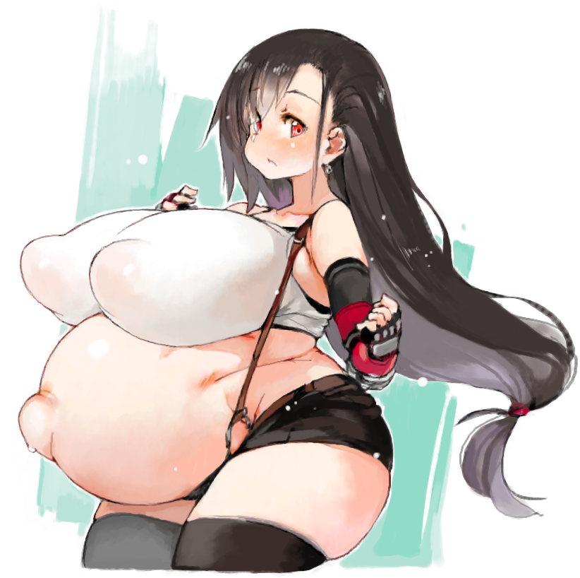 belly_button black_hair blush crop_top erect_nipples fighting_pose final_fantasy final_fantasy_vii fingerless_gloves gloves hard_nipples huge_ass huge_belly huge_belly_button huge_breasts huge_nipples long_hair nipple_bulge nipples_visible_through_clothing outie_navel popped_navel pregnant ready_to_pop red_eyes sachito shorts simple_background skindentation sleeveless square_enix suspenders thick_thighs thighhighs tifa_lockhart voluptuous white_background wide_hips