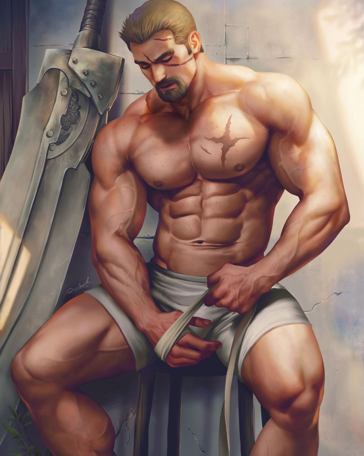 abs absurd_res absurdres aenaluck athletic athletic_male audec_(aenaluck) bandage bandages bara beard biceps big_balls big_butt big_muscles big_penis calves daddy dirty_blonde_hair facial_hair goatee hunk jock male male_only manly muscles nude original_character pecs public scar sitting solo sweat sweatdrop sweating sweaty sword thick_cum thick_legs thick_penis thick_thighs vein veins veiny very_high_resolution