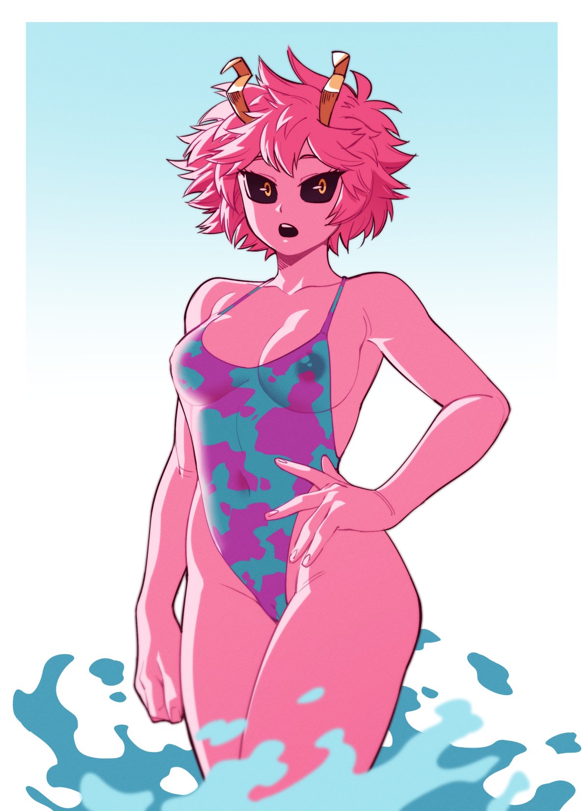 1girls, areolae, black sclera, boku no hero academia, breasts, female, female only, hand on hip, horns, looking at viewer, mina ashido, my hero academia, nipples, nipples visible through clothing, one-piece swimsuit, pink hair, pink skin, pink-haired female, short hair, solo, suoiresnu, swimsuit, teenager, water, yellow eyes