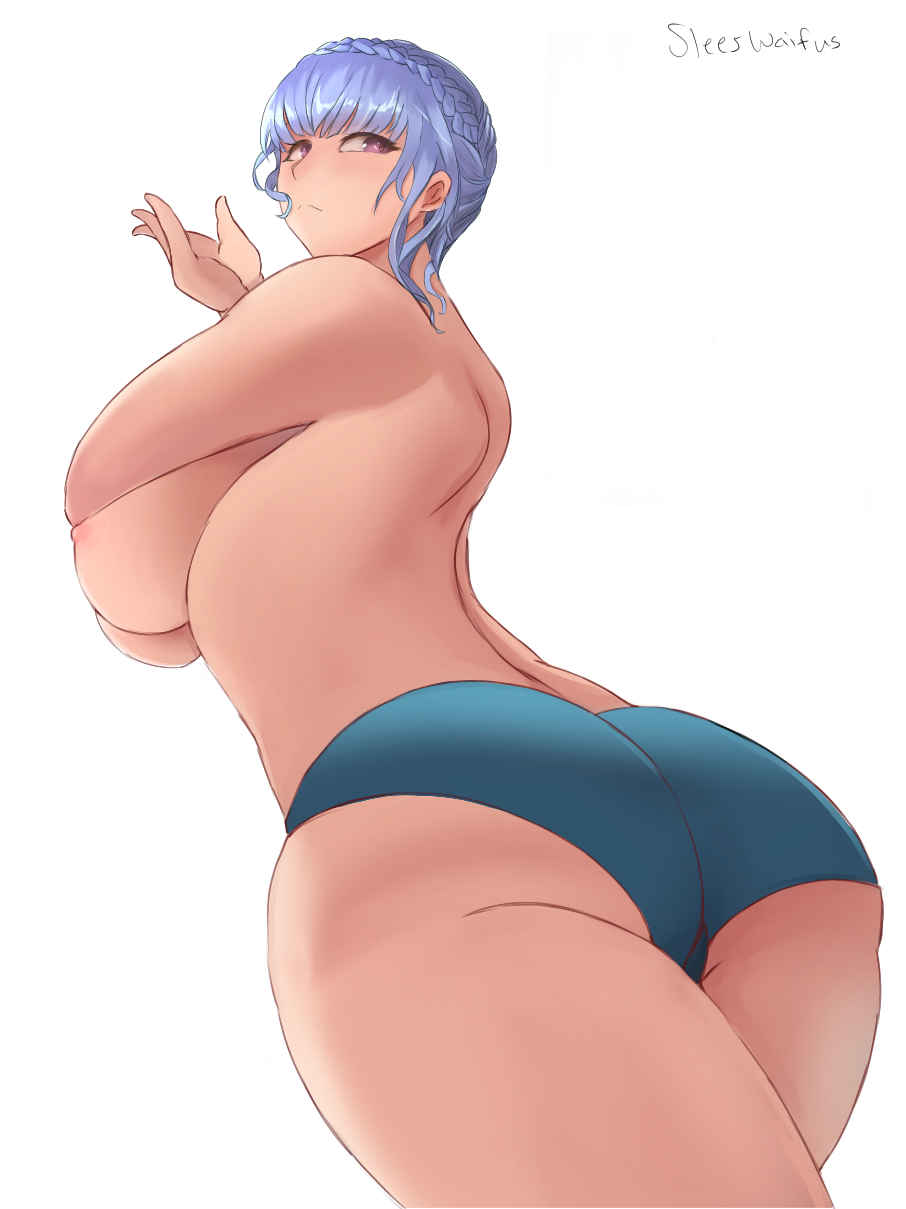 1girls, alternate ass size, ass, back, back view, bare back, big ass, big breasts, blue hair, blue panties, breasts, female, fire emblem, fire emblem: three houses, from below, large ass, large breasts, light blue hair, looking back, marianne von edmund, nintendo, nipples, panties, panties only, purple eyes, short hair, sleesart, solo, thick thighs, topless, white background