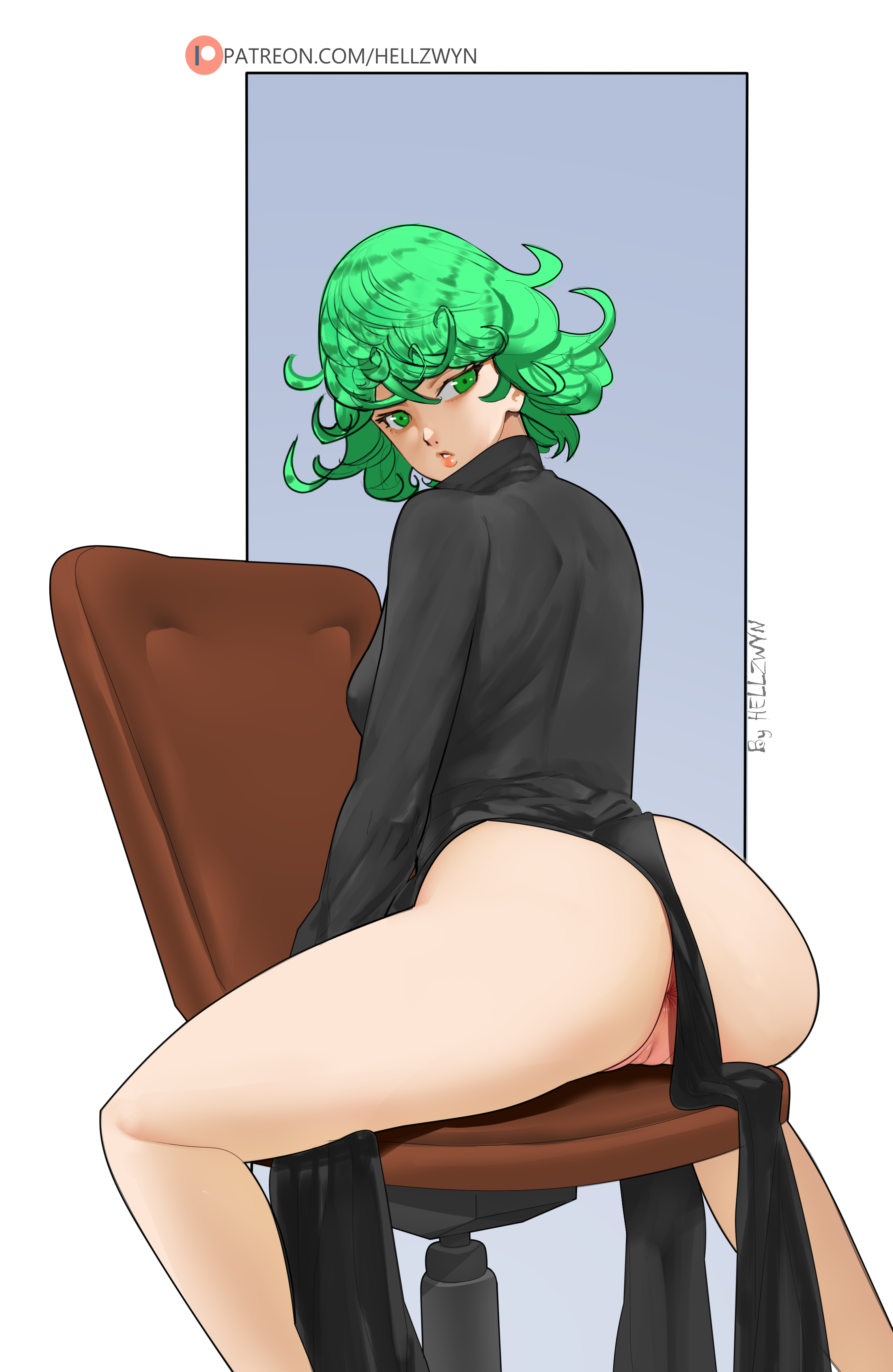 1girls, ass, asshole, big ass, big butt, female, female only, green hair, hell904, looking at viewer, one-punch man, tatsumaki