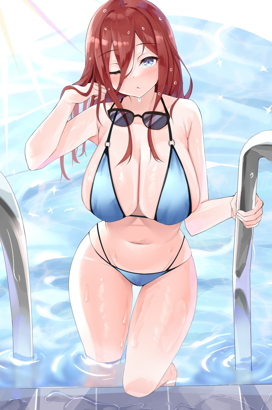 1girls, adjusting hair, bangs, bare hips, bare legs, bare shoulders, bikini, blue bikini, blue eyes, breasts, cleavage, eyebrows visible through hair, female, female only, getting out of pool, go-toubun no hanayome, goggles, goggles around neck, hanging breasts, highres, huge breasts, knee up, kneeling, large breasts, micosivaa, nakano miku, navel, one eye closed, pool, pool ladder, red hair, solo, solo female, solo focus, swimsuit, thigh gap, thighs, wet, wet clothes, wet hair, wet swimsuit