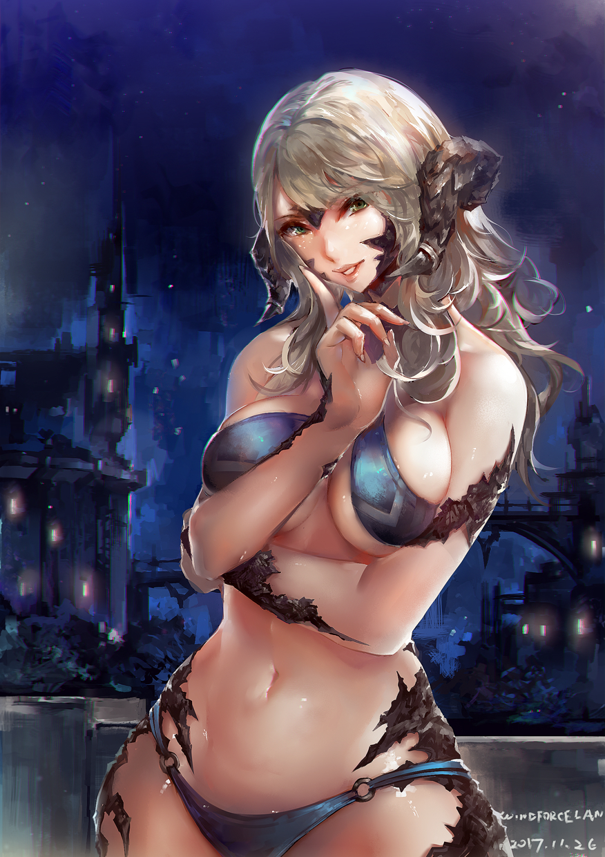 1girls 2017 artist_name au_ra bare_shoulders bikini breasts bridge castle dated female final_fantasy final_fantasy_xiv green_eyes grey_hair grin highres horns large_breasts long_hair looking_at_viewer navel night outdoors revealing_clothes scales smile solo wide_hips windforcelan xaela