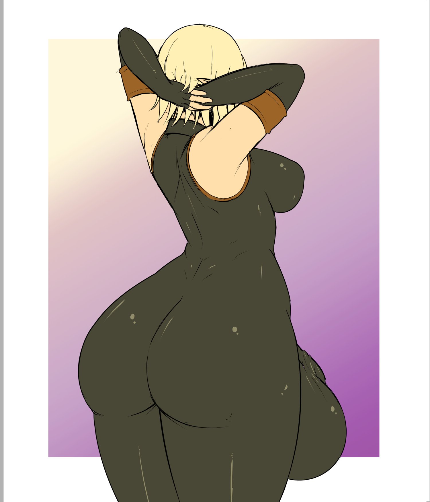 1futa, arms behind head, ass, balls, big breasts, blonde hair, bodysuit, bottom heavy, breasts, bulge, clothed, clothing, cra, dickgirl, elf, elf ears, elf futa, erection under clothes, evangelyne, fibilis, futa only, futanari, huge ass, huge balls, huge cock, huge penis, huge testicles, humanoid, intersex, large breasts, light skin, light-skinned futa, pale skin, penis, penis under clothes, puffy nipples, solo, standing, testicles, thick thighs, tight clothing, wakfu, wide hips
