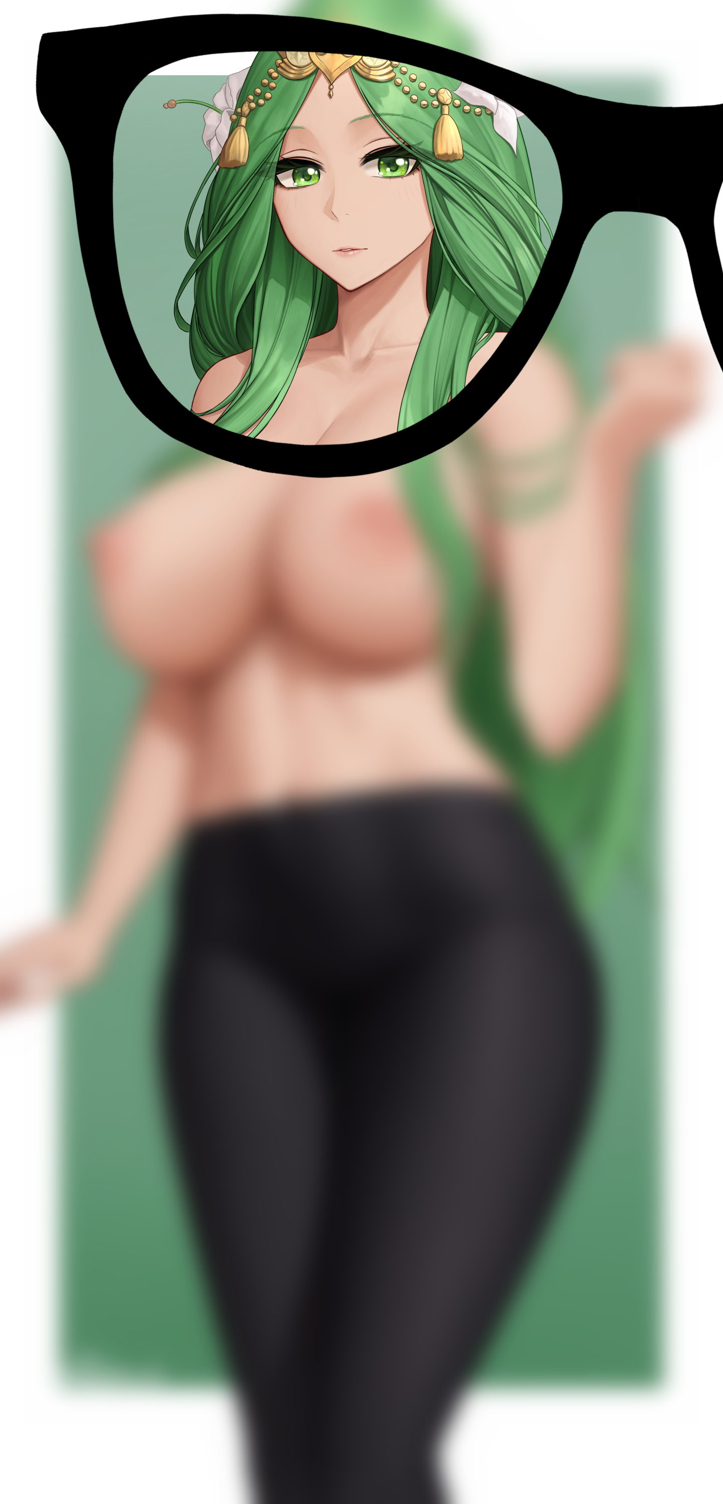 1girls, arm up, bare midriff, black legwear, blurry, border, breasts, cameltoe, censored, eyebrows visible through hair, feet out of frame, female, female only, fire emblem, fire emblem: three houses, flower, green background, green eyes, green hair, hair flower, hair ornament, large breasts, long hair, long sleeves, navel, nintendo, nipples, pussy, rhea (fire emblem), simple background, solo, spandex, stomach, tassel, thighs, topless, zaphn
