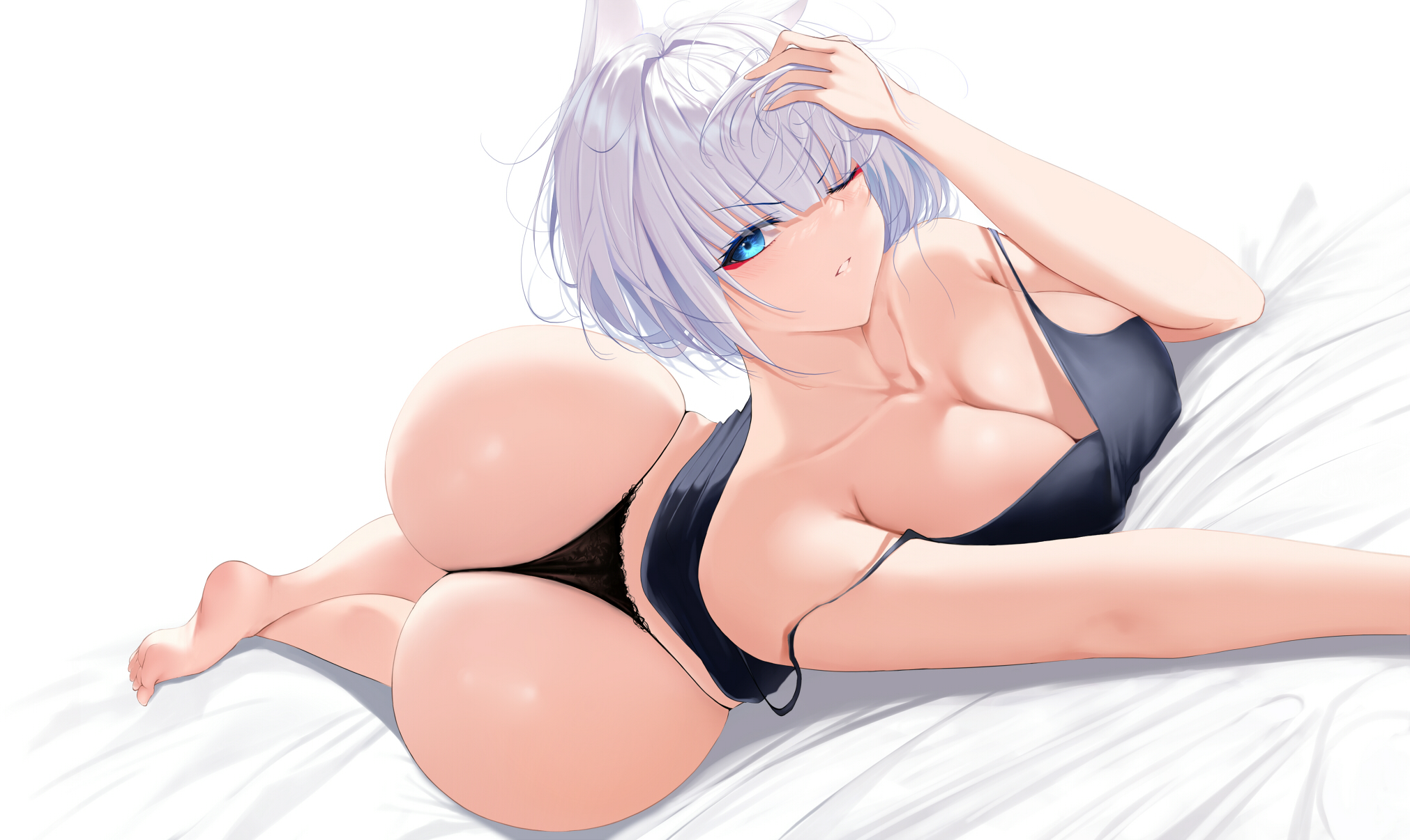 1girls, ass, azur lane, big ass, big breasts, big butt, blue eyes, breasts, bubble ass, bubble butt, curvy, fat ass, female, female only, kaga (azur lane), large ass, large breasts, lying, on stomach, round ass, short hair, solo, solo female, thick, thick ass, thong, voluptuous, white hair, wide hips, xi ying