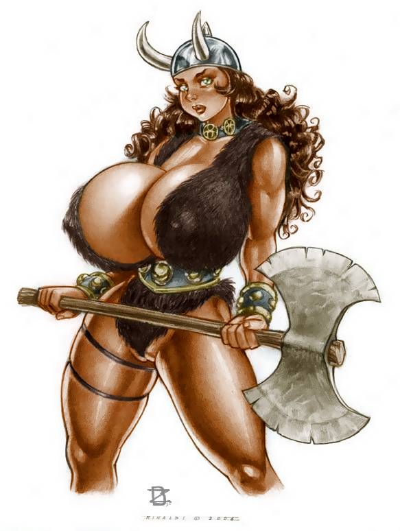 axe barbarian brown_hair huge_breasts hyper_bimbo rinaldi viking_helmet