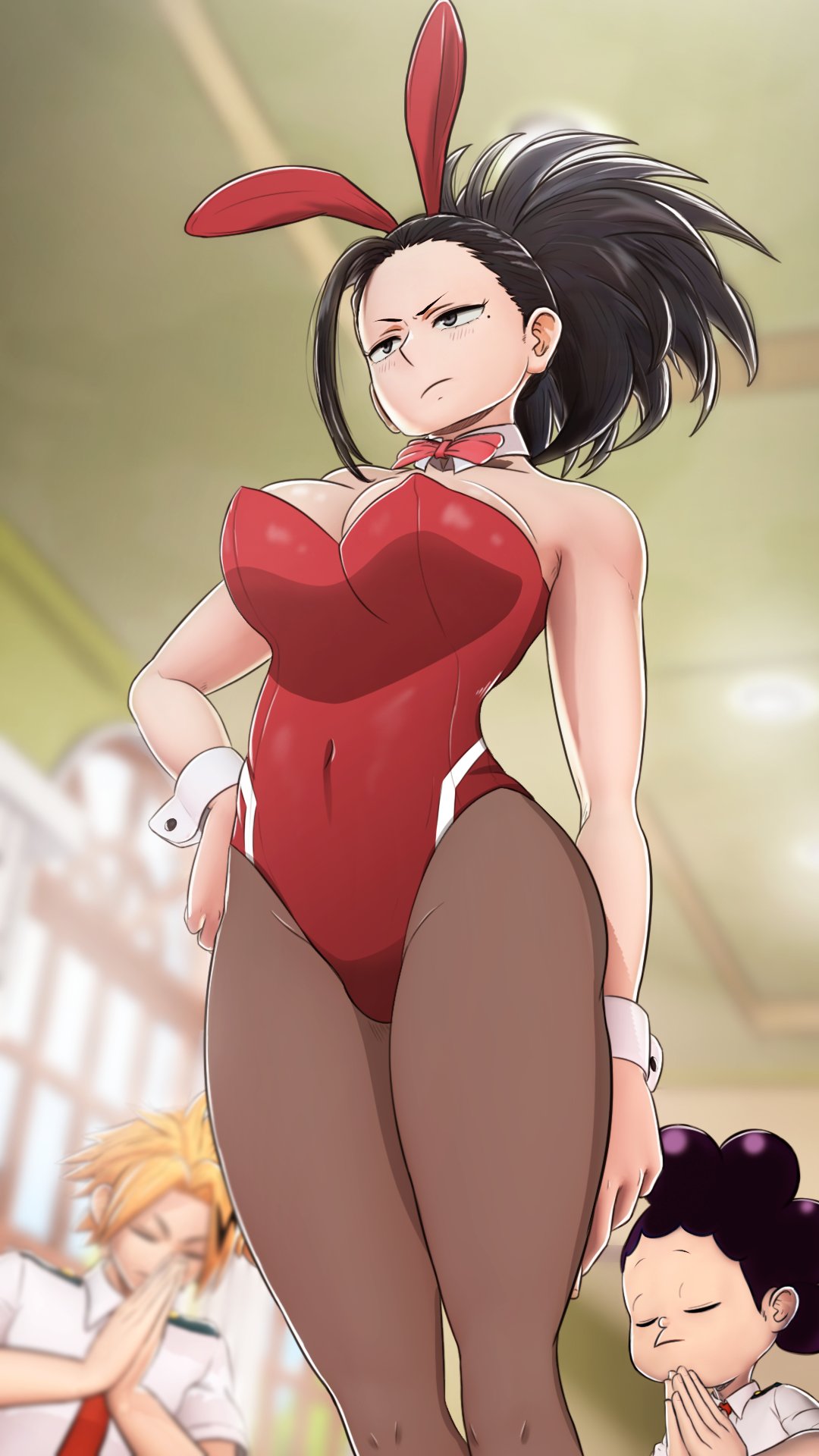 1girls, 2boys, 3d, big breasts, black hair, black-haired female, blonde hair, blonde-haired male, breasts, bunny ears, bunny girl, bunnysuit, cleavage, denki kaminari, female, greatm8, large breasts, male, minoru mineta, momo yaoyorozu, my hero academia, solo focus, source filmmaker, tagme