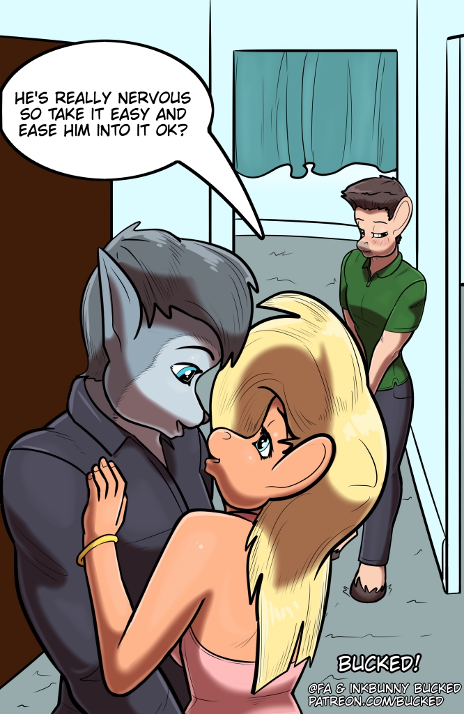 anthro black_hair blonde_hair blue_body blue_eyes blue_fur brown_hair bucked clothed clothing cuckold english_text equid equine female fur group hair horse male male/female mammal tan_body tan_fur text