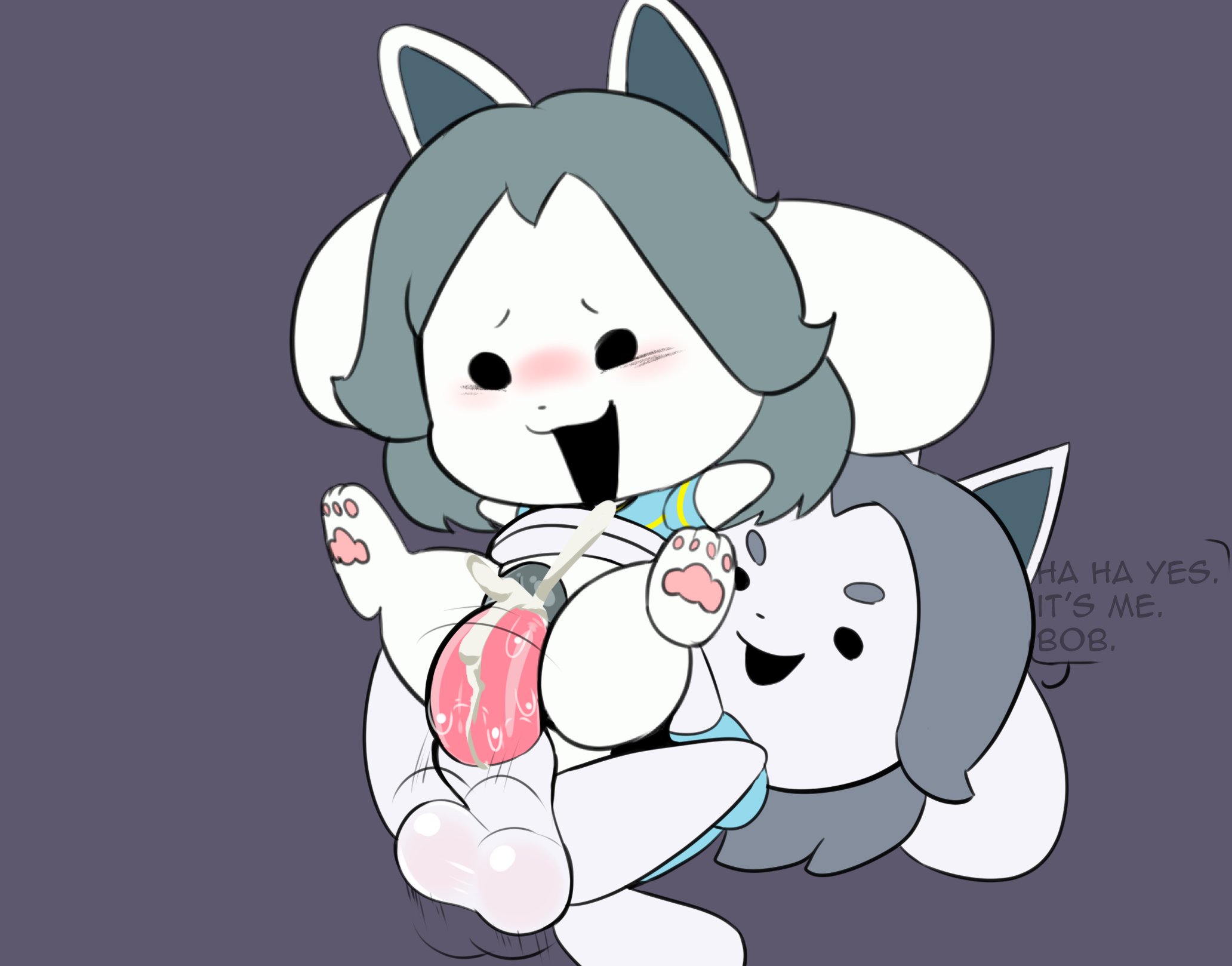 anthro, blush, bob (undertale), bodily fluids, canid, canine, clothed, clothing, cum, cum in pussy, cum inside, dizzytizzy, feet, felid, feline, female, genital fluids, genitals, hair, hi res, male, male/female, mammal, paws, penetration, penis, pussy, simple background, tem, temmie (undertale), text, topwear, undertale, undertale (series), vaginal penetration, video games, white body
