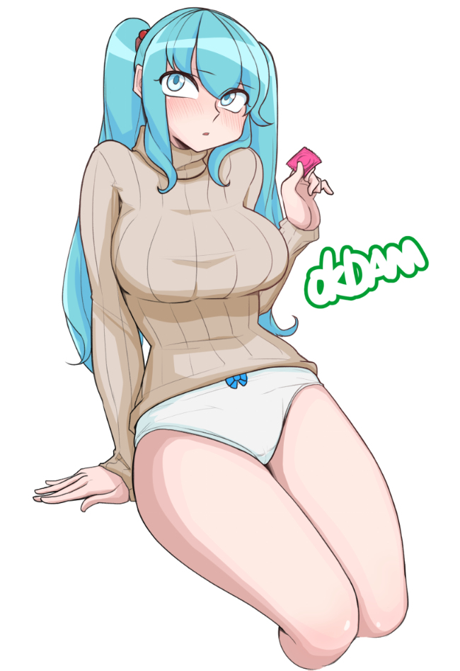 1girls, blue eyes, blue hair, blush, bow panties, condom, female, female only, league of legends, looking away, no pants, okdam, panties, riot games, sitting, solo, sona buvelle, sweater, thighs, twintails, white background, white panties, wrapped condom