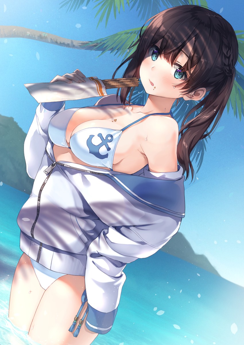 anchor_symbol bikini black_hair blue_eyes blue_sky day dutch_angle female food highres horizon jacket long_hair looking_at_viewer mountain ocean open_clothes open_jacket original outdoors palm_tree sky soaking_feet solo standing swimsuit tree twintails unasaka_ryou white_bikini white_jacket