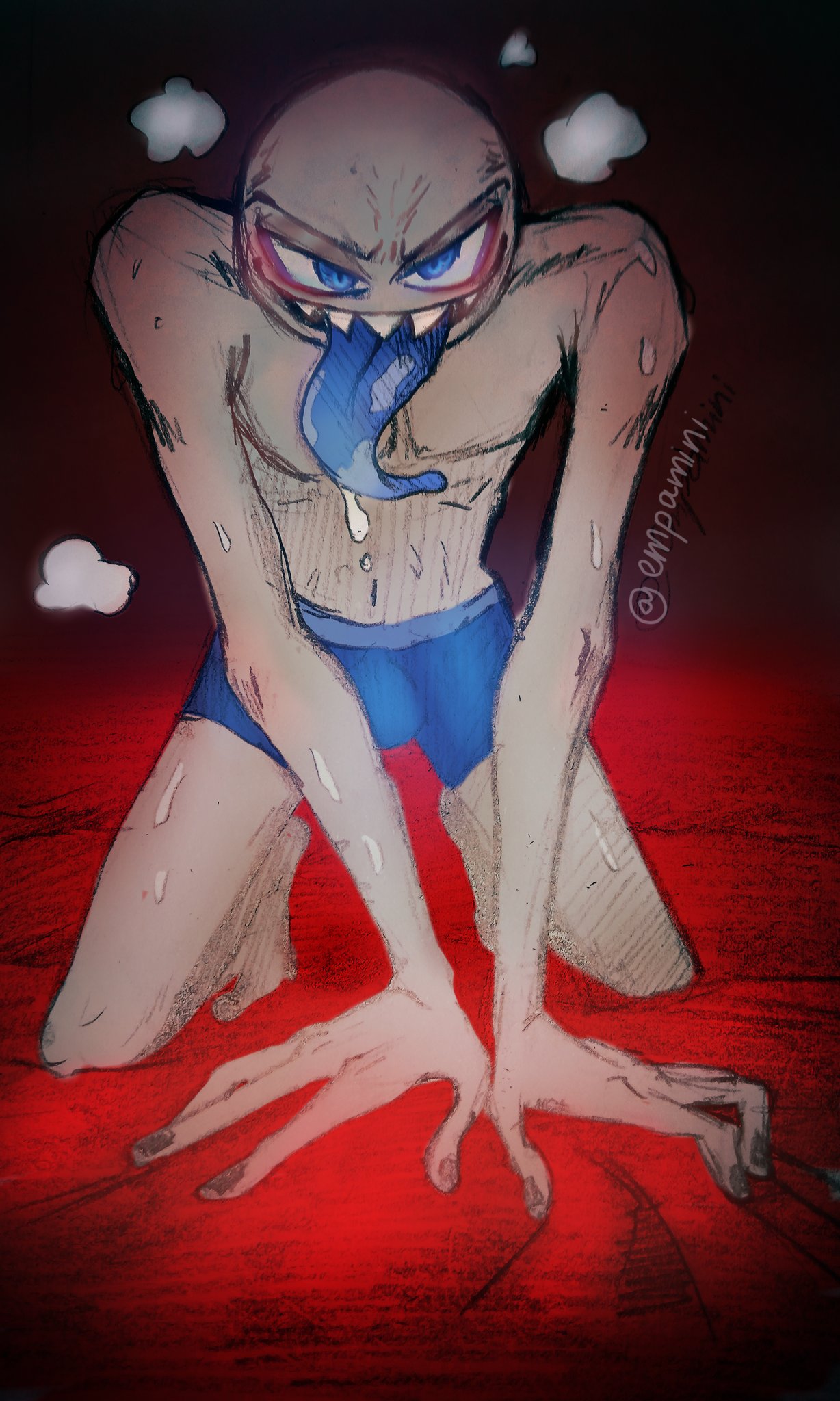 black nails, blue eyes, boxers, bulge, bulge through clothing, drool, drooling, long tongue, looking at viewer, male, male only, on bed, peter (your boyfriend), solo, solo male, tongue, tongue out, underwear, your boyfriend (game)