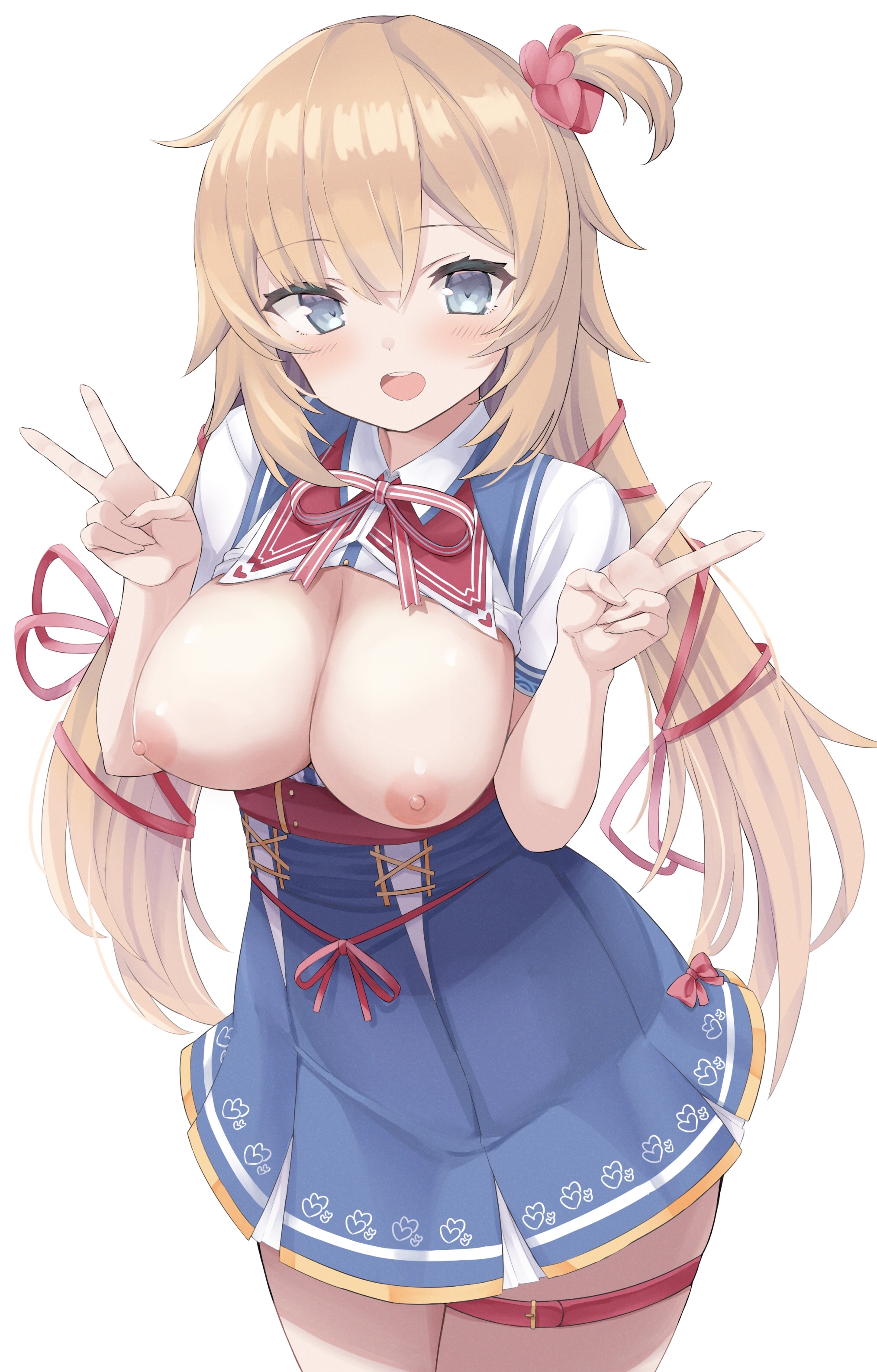 1girls, absurdres, akai haato, bangs, blonde hair, blue eyes, blue skirt, blush, breasts, breasts out, commentary, cowboy shot, double v, eyebrows visible through hair, female, female only, hair ornament, hair ribbon, hands up, heart, heart hair ornament, high-waist skirt, highres, hololive, hololive gen 1, hololive japan, large breasts, light skin, light-skinned female, long hair, looking at viewer, nekohuman221 (tsun221), nipples, one side up, open clothes, open mouth, open shirt, red ribbon, ribbon, shirt, short sleeves, skirt, solo, twintails, v, very long hair, virtual youtuber, white background, white shirt