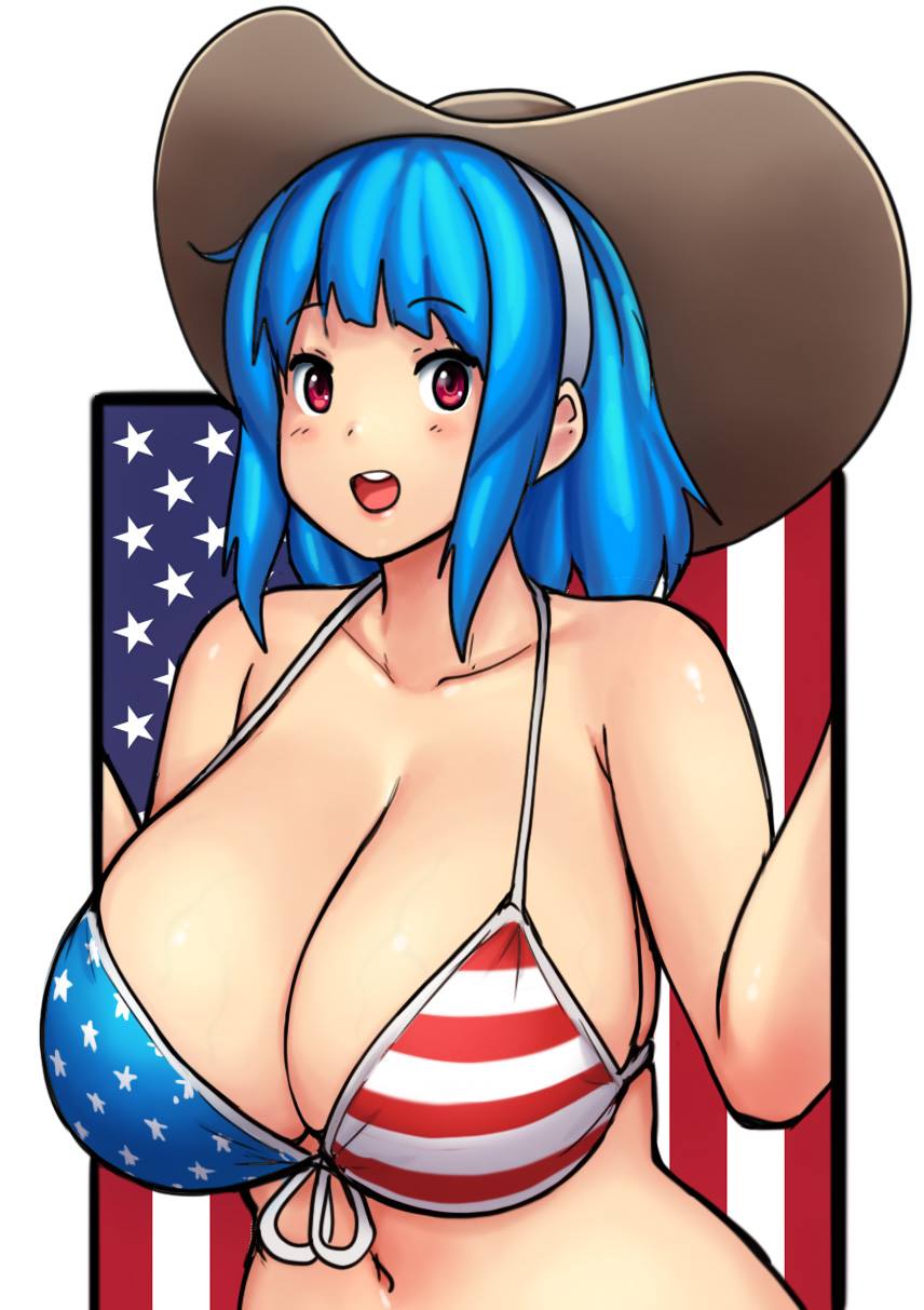 4th of july, american flag, american flag bikini, bikini, blue hair, breasts, breasts bigger than head, cleavage, cowboy hat, errorkazoo, eyebrows, eyebrows visible through hair, female, flag, flag print, happy, hat, headband, hi res, huge breasts, navel, open mouth, original, red eyes, rina atherina (errorkazoo), smile, solo, swimsuit, white headband