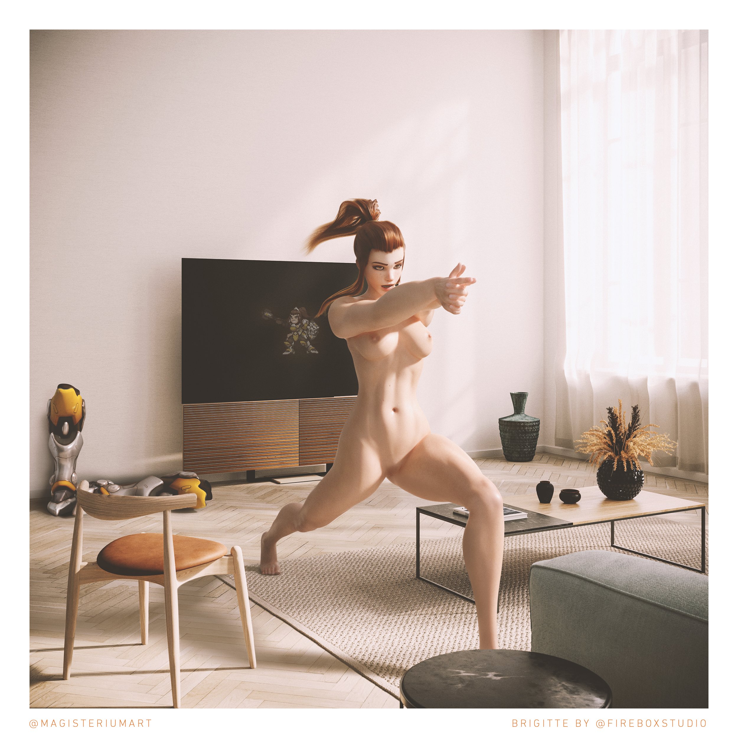 1girls, 3d, barefoot, breasts, brigitte, female, female only, finger gun, living room, magisteriumart, medium breasts, naked, overwatch, pinup, ponytail, pose, solo