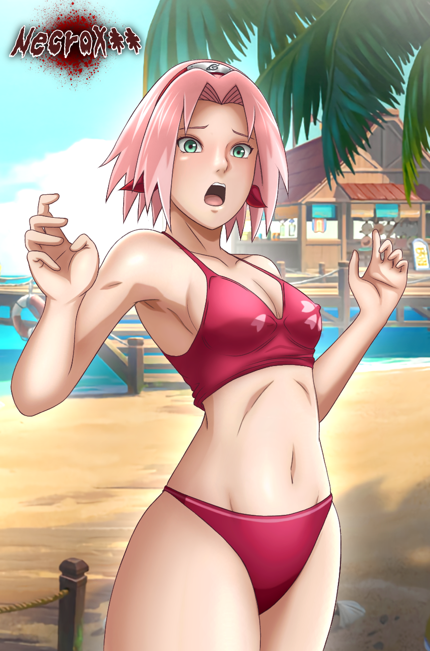 1girls abs armpits bare_arms bare_shoulders beach bikini bikini_bottom bikini_top blush cleavage clothed clothed_female clothing erect_nipples erect_nipples_under_clothes female female_only green_eyes headband light-skinned_female light_skin medium_hair naruto naruto_(series) naruto_shippuden necroxxx nipple_bulge ocean open_mouth outdoors outside panties petite pink_hair pinup red_bikini red_panties red_swimsuit revealing_clothes sakura_haruno shoulder_length_hair shounen_jump small_breasts solo solo_female solo_focus standing swimsuit teenager thick_thighs thighs toned toned_female