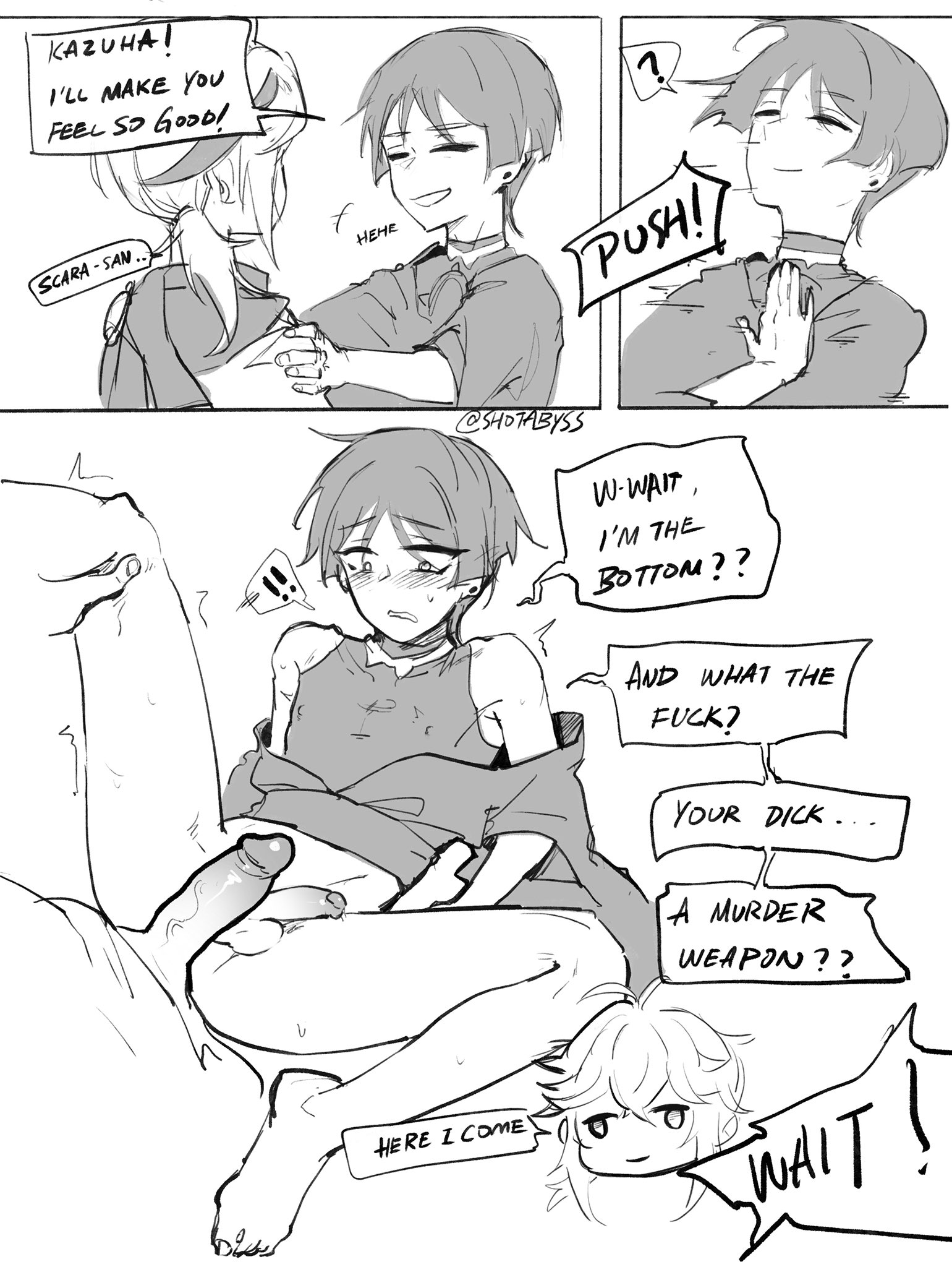 2boys, about to pound the fuck outta em, femboy, femboy on femboy, gay, genshin impact, imminent anal, imminent penetration, imminent sex, kaedehara kazuha, male, male only, penis, penis size difference, penises touching, scaramouche (genshin impact), shotabyss, surprised, surprised expression, twink, white background, yaoi