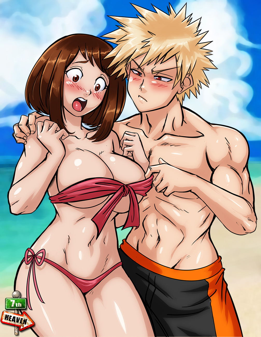 1boy, 1girls, 7th-heaven, bathing suit, big breasts, bikini top, blonde, blonde hair, blush, boxers, breasts, brown hair, brunette, cleavage, curvaceous, curvy, curvy female, female, katsuki bakugou, large breasts, male, muscular, muscular male, my hero academia, ochako uraraka, open mouth, shounen jump, spiky hair, straight