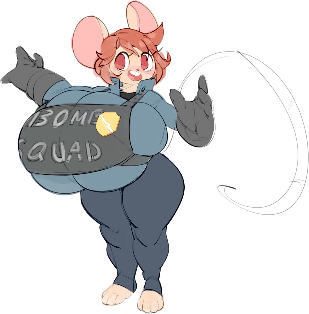 badge, breasts, bulumble-bee, female, freckles, fur, huge breasts, mitty (bulumble-bee), mouse, text on clothing, thick thighs, top heavy, uniform, wide hips