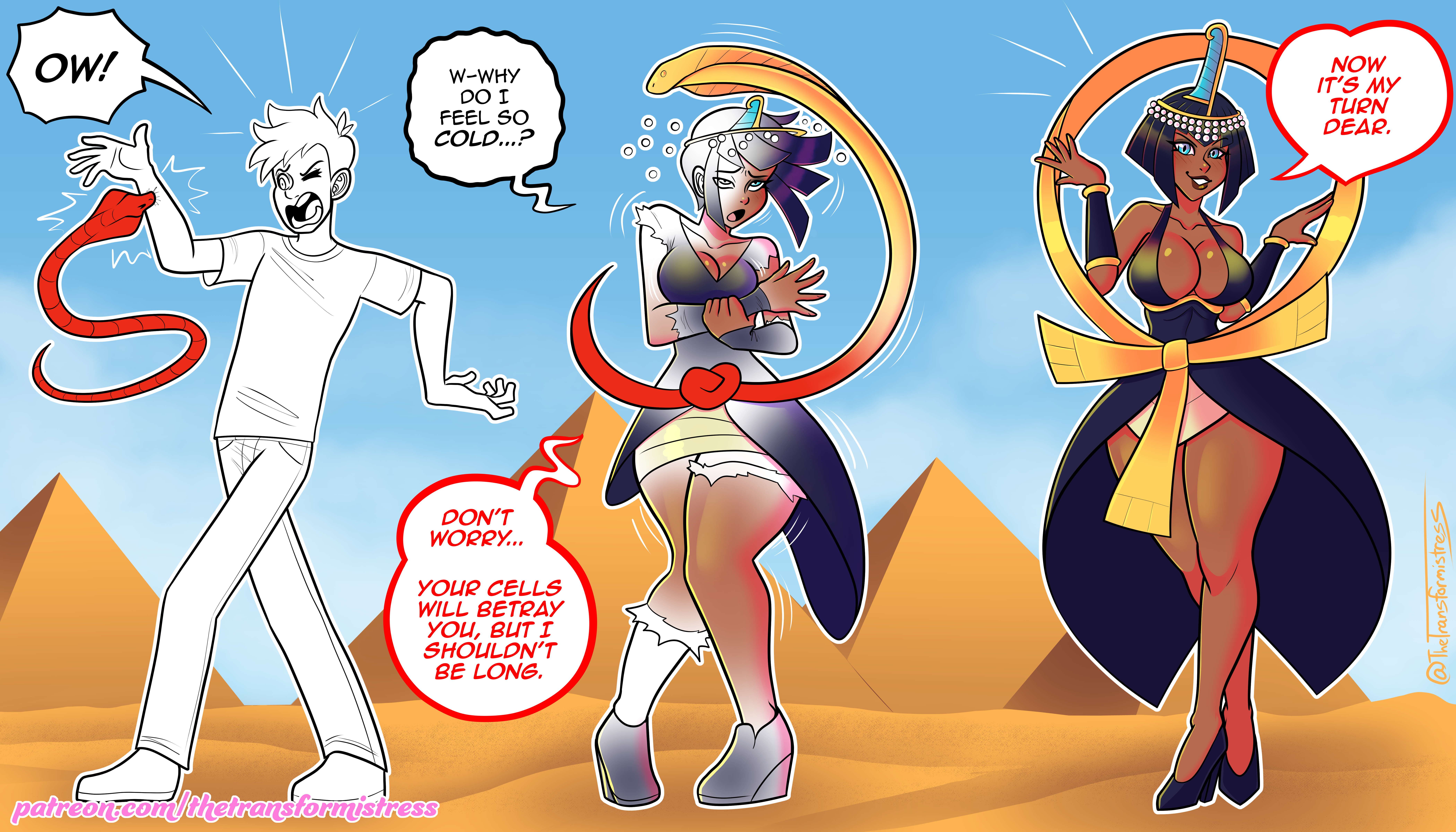 bite, brainwashing, breast expansion, breast growth, breast growth (enlargement), breasts, brown skin, corruption, egyptian, eliza (skullgirls), english text, female, gender transformation, identity death, skullgirls, snake, text, thetransformistress, transformation, transformation sequence