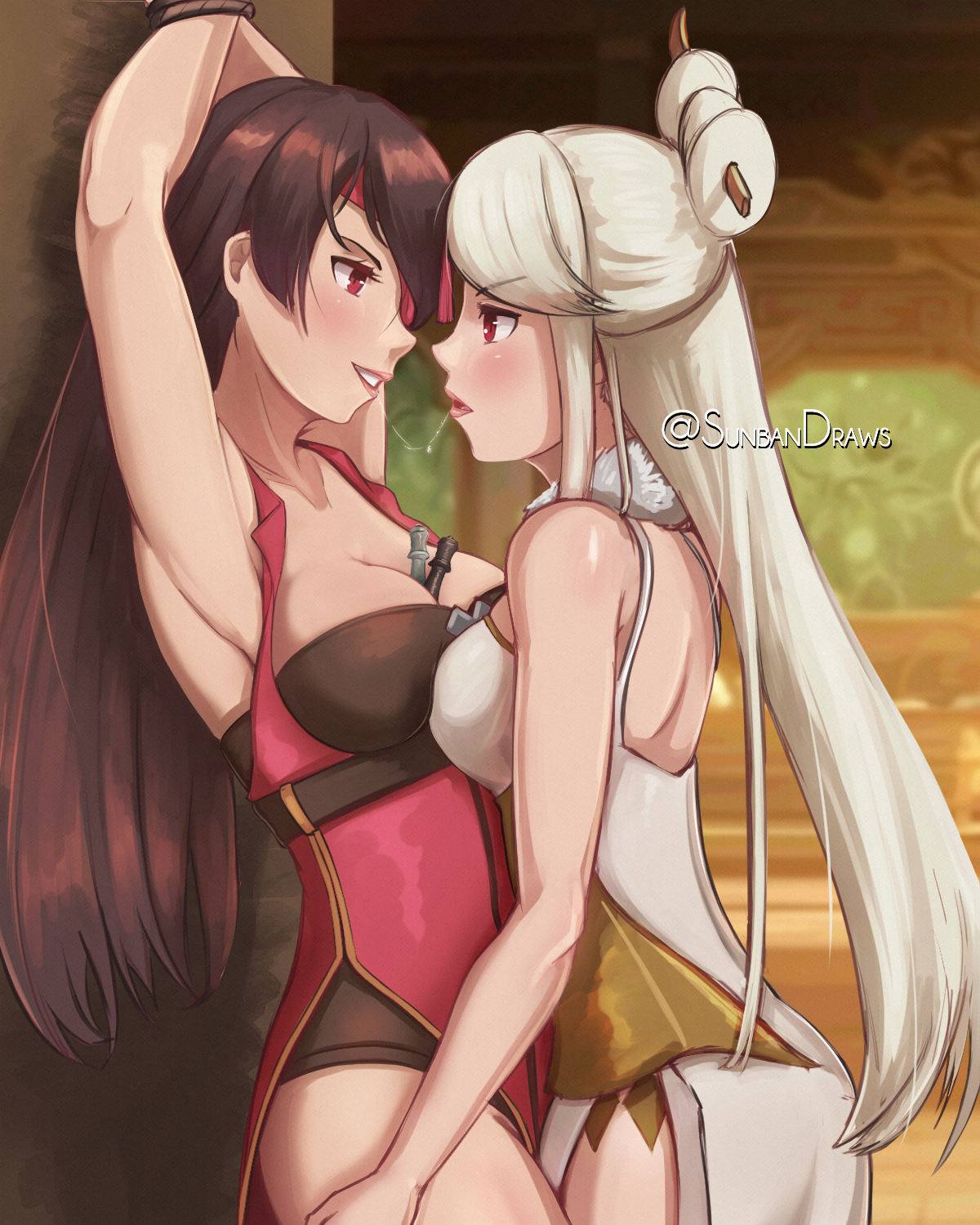 2girls, after kiss, arms up, beidou (genshin impact), bondage, brown hair, female, genshin impact, lesbian, looking at partner, ningguang (genshin impact), restrained, saliva, saliva string, saliva trail, smirk, sunbandraws, white hair, yuri