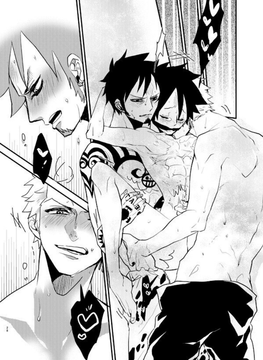 3boys, anal, dark hair, double anal, double penetration, feet, gag, gagged, gay, male, male only, monkey d luffy, neck kiss, one piece, roronoa zoro, sandwich position, tattoos, threesome, trafalgar law, yaoi