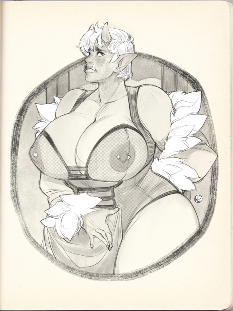 1girls cleavage female huge_breasts lips nipple_piercing nozdraws orc orc_female pierced_nipples portrait pose see-through_clothing short_hair sketch solo white_hair