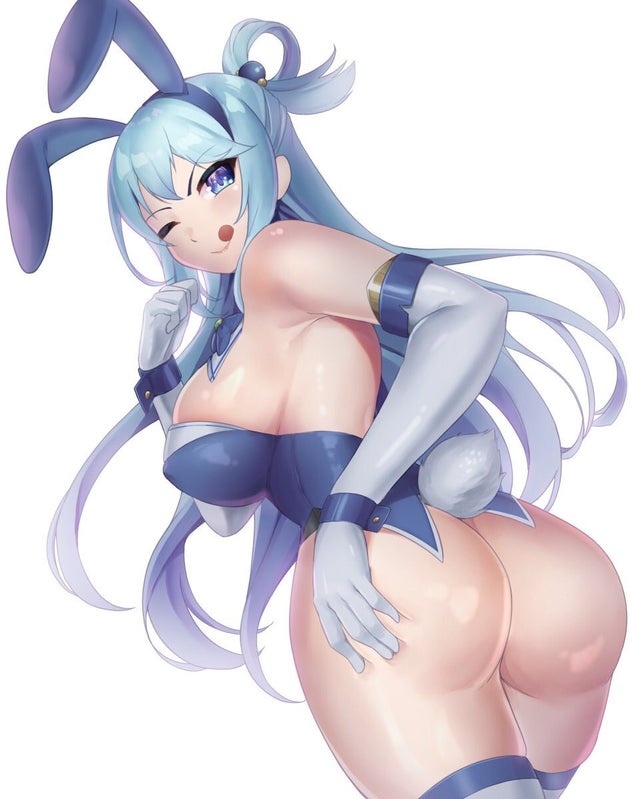 1girls, aqua (konosuba), ass, big breasts, blue ears, blue eyes, blue hair, blue skirt, blush, breasts, bunny costume, bunny ears, covered nipples, female, female only, gloves, hair ornament, kono subarashii sekai ni shukufuku wo!, long hair, looking at viewer, nipples, rabbit tail, shiny ass, shiny body, shiny hair, solo, sticking out tongue, stockings, thick thighs