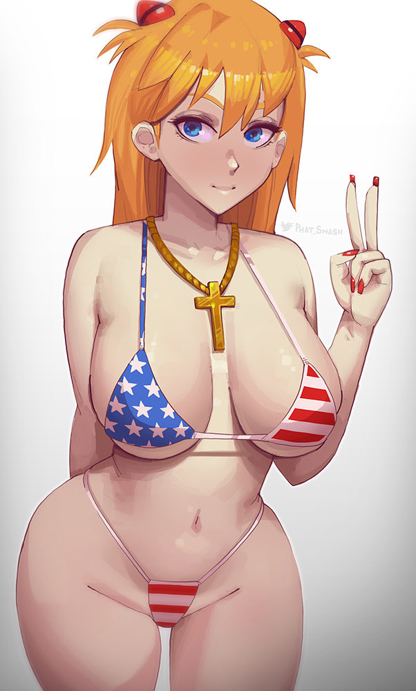 1girls, 4th of july, 5 fingers, american flag, american flag bikini, arms behind back, artist name, asuka langley sohryu, big breasts, bikini, blue eyes, breasts, breasts focus, busty, clothed, clothed female, clothes, clothing, color, colored, crucifix, curvaceous, curvy, curvy body, curvy female, curvy figure, female, female focus, female only, fingernails, flag, ginger hair, hourglass figure, large breasts, light skin, light-skinned female, long hair, looking at viewer, mostly nude, nail polish, national personification, navel, necklace, neon genesis evangelion, orange hair, pale, pale skin, pale-skinned female, peace sign, phat smash, plain background, red nails, redhead, revealing clothes, simple background, solo, solo female, solo focus, standing, swimsuit, tagme, thick thighs, thigh gap, thin waist, uncensored, v, voluptuous, white background, wide hips