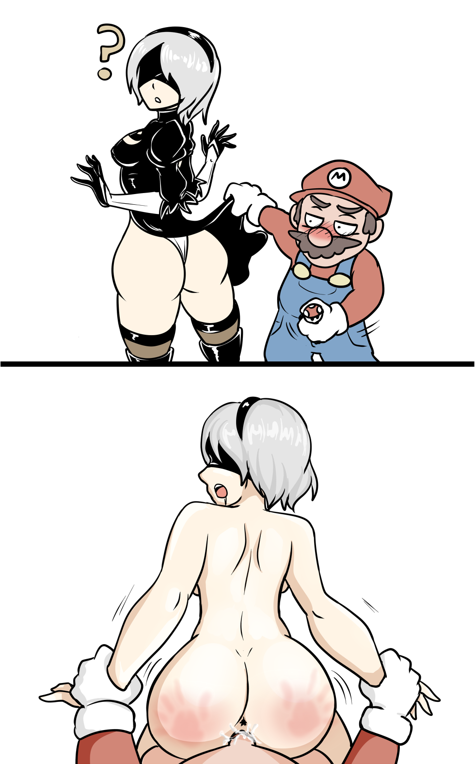 1boy 1girls abott95 ass ass_slap assisted_exposure backboob big_ass blindfold breasts crossover doggy_style dress_lift exposed_ass from_behind hand_print instant_loss_2koma lifted_by_another maledom mario mario_(series) nier:_automata sex shorter_male skirt_lift slap_mark spank_marks spanked straight surprised thong vaginal_penetration white_background yorha_2b