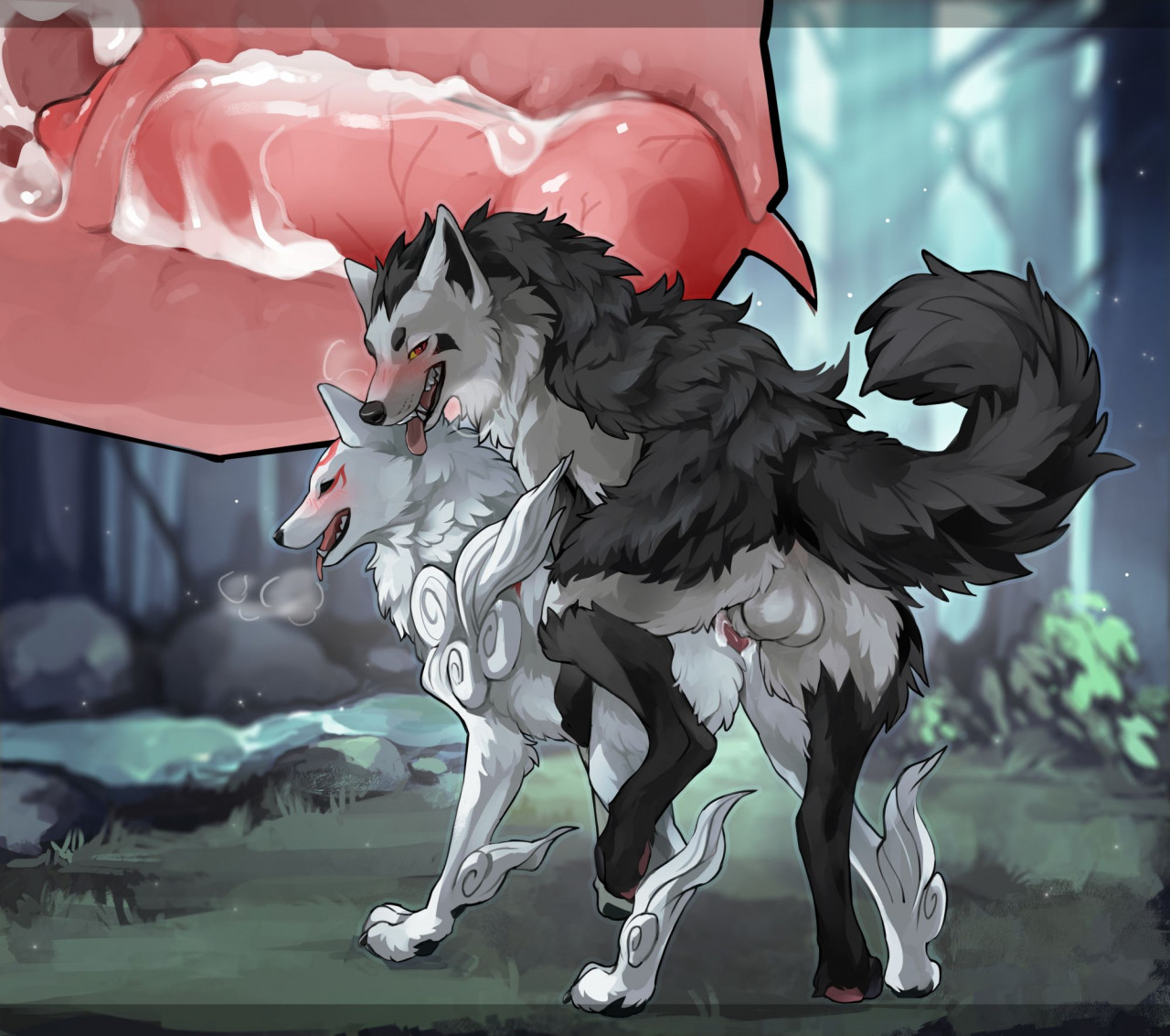 2021, 2d, all fours, amaterasu, animal genitalia, animal penis, animal pussy, balls, balls deep, big balls, blush, bodily fluids, canid, canine, canine penis, canine pussy, canis, capcom, cervical penetration, color, creampie, crossover, cum, cum in pussy, cum in uterus, cum inside, cum leaking, deep penetration, deity, doggy style, duo, ears back, eliv, female, feral, feral on feral, feral only, feral penetrated, feral penetrating, feral penetrating feral, forest, from behind, genital fluids, genitals, goddess, heavy breathing, hetero, hug, impregnation, internal, knot, knotting, leg lift, leg up, looking back, looking pleasured, loving it, male, male/female, mammal, mightyena, mounting, narrowed eyes, nintendo, no humans, okami, on model, open mouth, orgasm face, outdoors, penis, penis in pussy, plant, plump labia, pokemon, pregnancy risk, pussy, raised tail, red eyes, rolling eyes, sex, smile, straight, testicles, thick penis, tongue, tongue out, tree, uterus, vagina, vaginal knotting, vaginal penetration, white fur, windwttom, wolf, x-ray