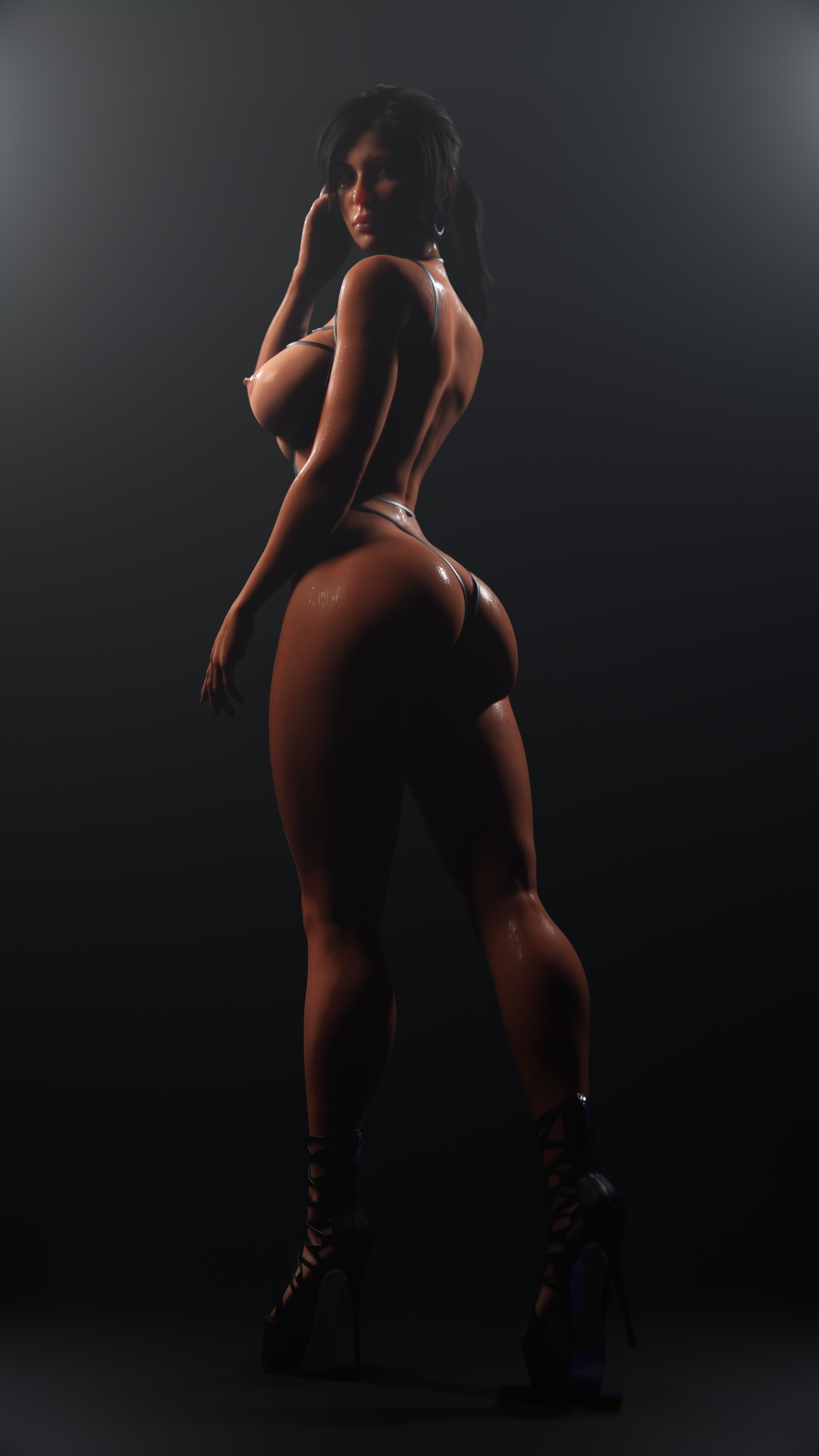 1girls, 3d, 3d (artwork), areolae, ass, big ass, big breasts, blender, breasts, brown eyes, brown hair, bubble ass, bubble butt, busty, curvaceous, curvy, earrings, erect nipples, female, female focus, female only, high heels, high resolution, highres, hourglass figure, lara croft, lara croft (survivor), large ass, large breasts, long hair, makeup, mascara, micro bikini, nipple piercing, nipples, nose piercing, nude, nude female, nudity, oiled, oiled skin, open toe shoes, piercing, pinup, pinup pose, platform heels, ponytail, pose, posing, shoes, solo, standing, strauzek, string bikini, sweat, tied hair, tomb raider, tomb raider (survivor), wet, wet body, wet skin, wide hips