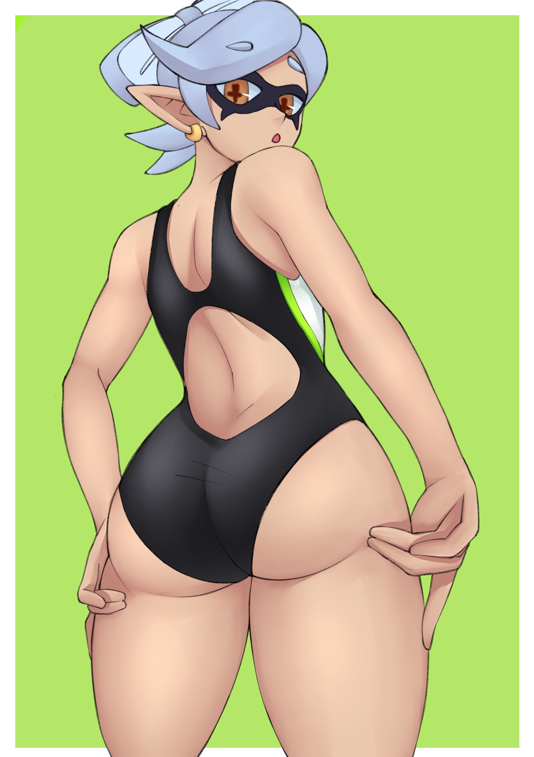1girls, alternate costume, ass, competition swimsuit, ear ring, female, flytrapxx, inkling, light skin, looking at viewer, marie (splatoon), nintendo, one-piece swimsuit, open mouth, pointy ears, short hair, solo, splatoon, swimsuit, tentacle hair, white hair, yellow eyes