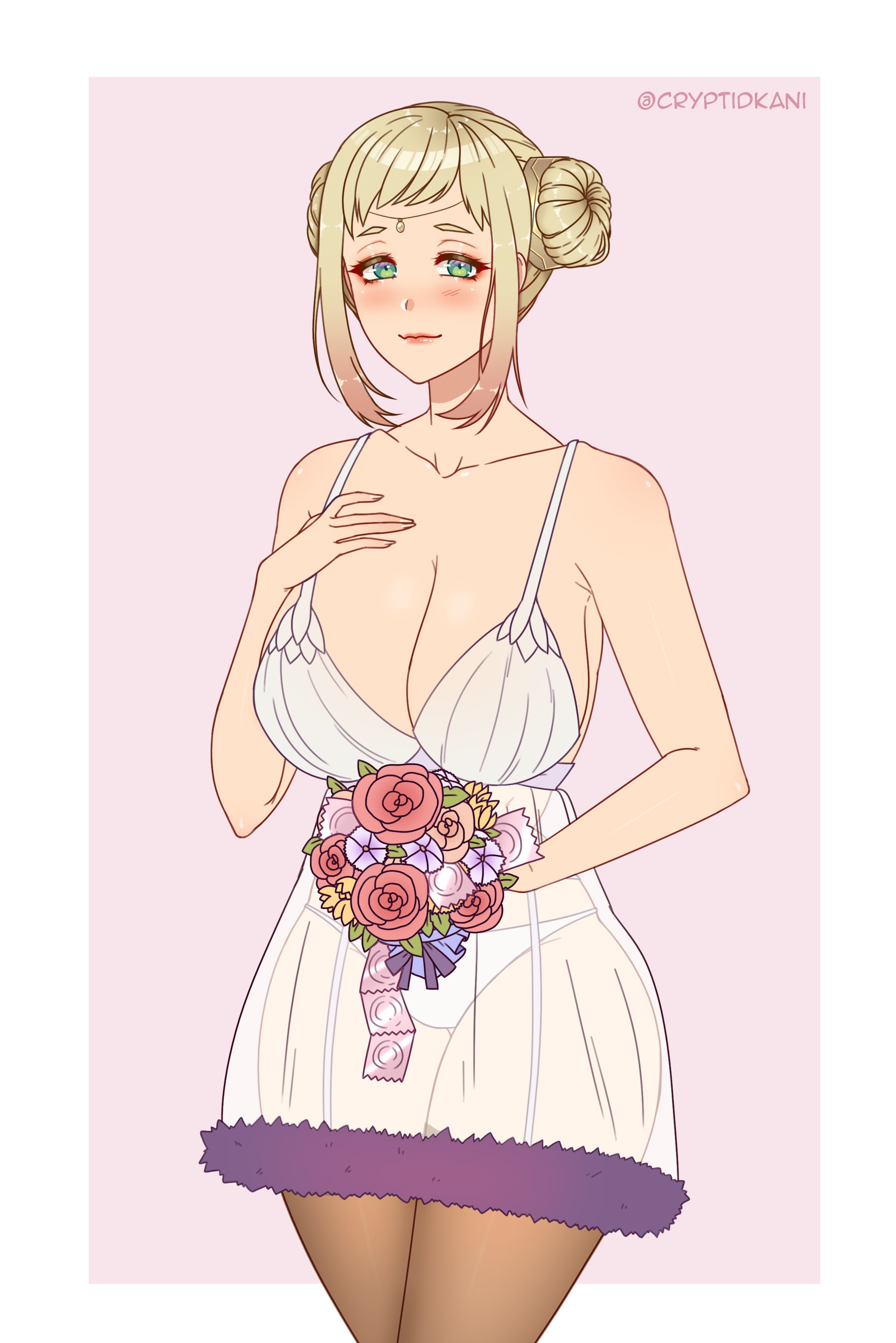 1girls, alternate costume, bare arms, bare shoulders, bare thighs, blonde hair, blush, bouquet, breasts, bride, cleavage, collarbone, condom, condom in hand, condom packet strip, cryptid crab, female, fire emblem, fire emblem heroes, flower, green eyes, henriette (fire emblem), huge breasts, lingerie, looking at viewer, mature female, medium hair, multicolored hair, nightgown, nintendo, panties, royalty, see-through, smile, solo, solo female, thighhighs, white panties, wide hips