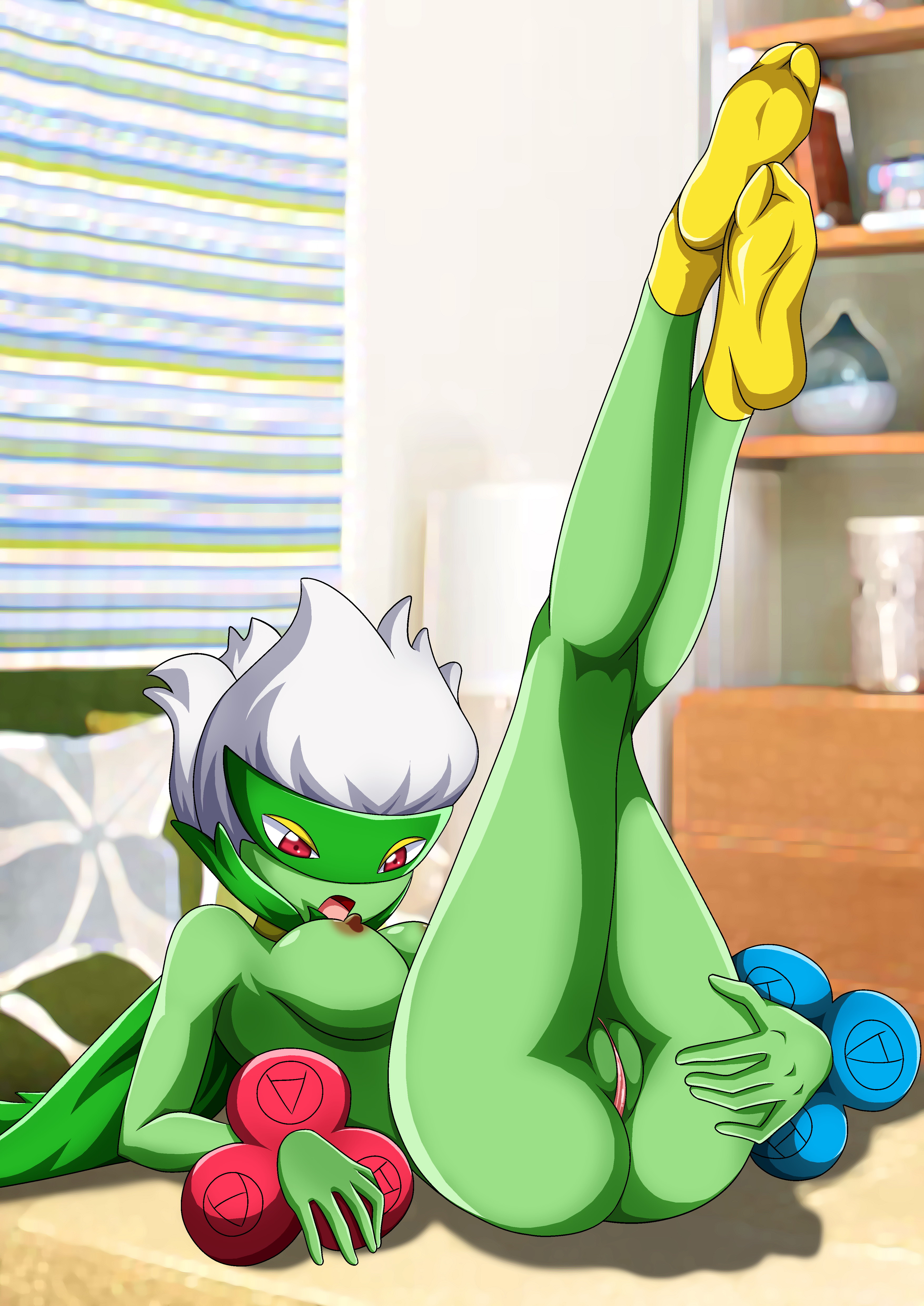 1girls, anthro, ass, breasts, cape, feet, female, female only, game freak, green skin, hand on ass, laying down, legs in air, nipples, open mouth, pokémon (species), pokemon, pokemon (species), pokemon dppt, pokemorph, pokepornlive, presenting, presenting pussy, pussy, red eyes, roserade, solo, white hair