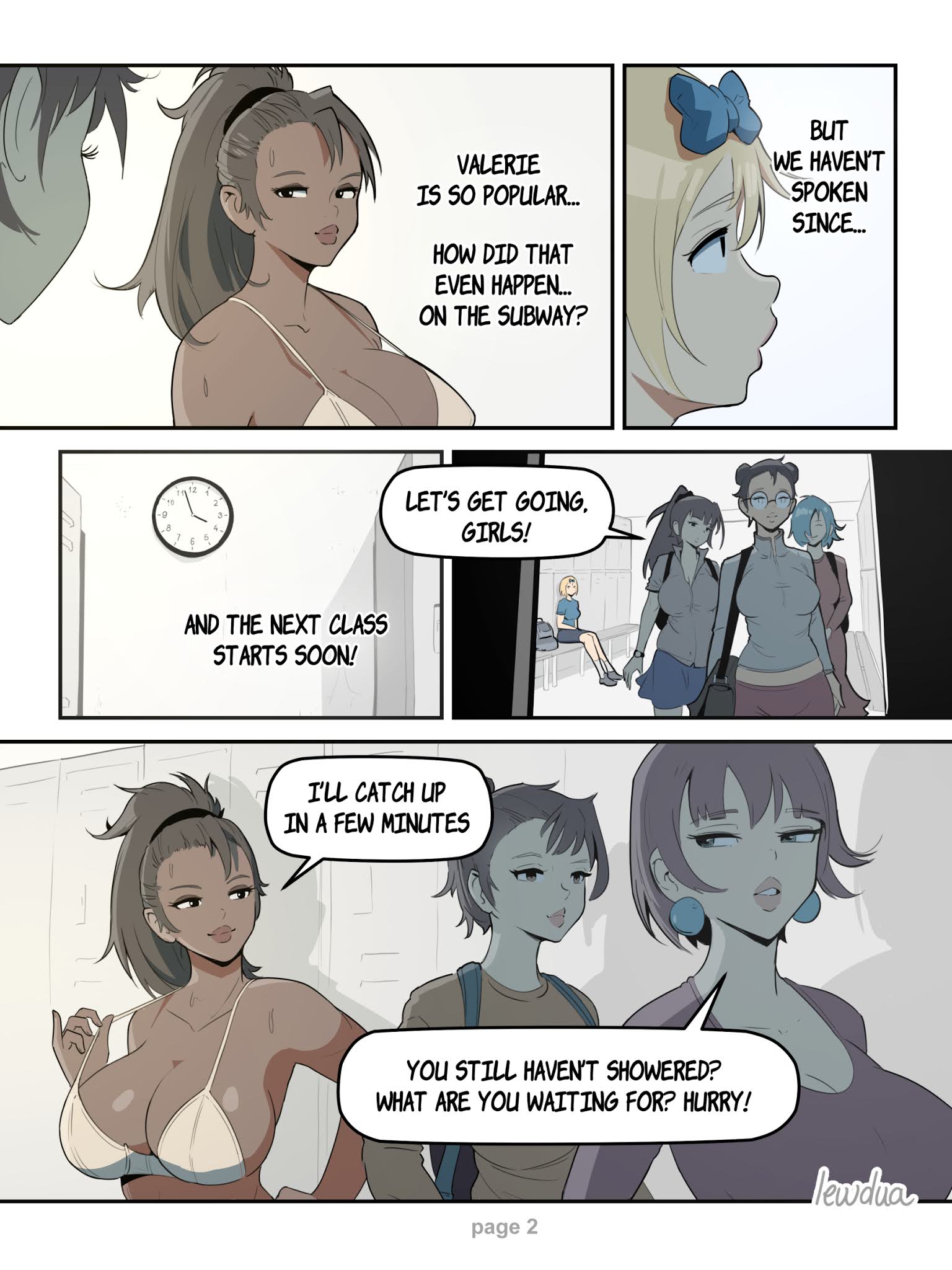 2futas, 5girls, black eyes, blonde hair, blue eyes, brown hair, comic, dark skin, dark-skinned futa, dialogue, female, futa with female, futa with futa, futanari, group, intersex, lewdua, light skin, light-skinned female, light-skinned futa, multiple females, multiple girls, nessie (lewdua), original, valerie (lewdua)