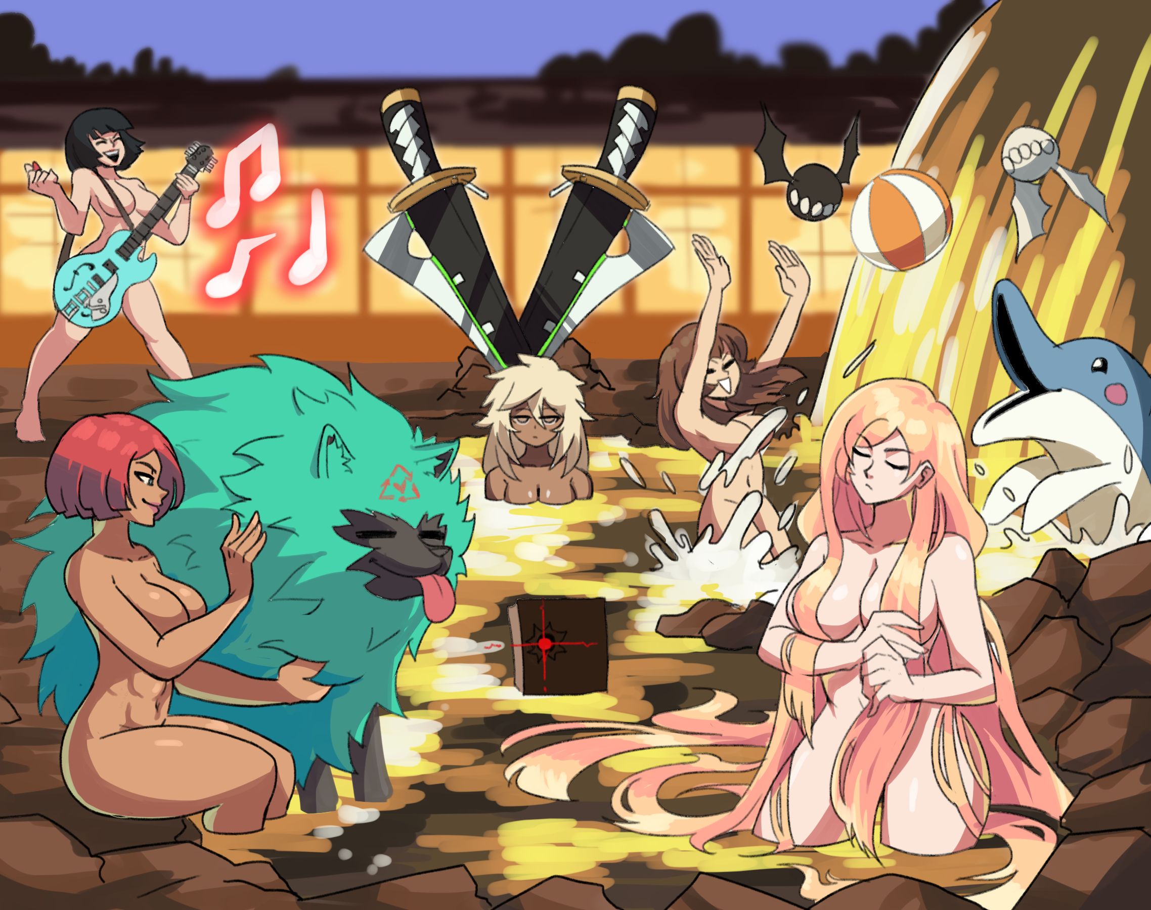 1boy, 5girls, black hair, blonde hair, bob cut, brazilian, brazilian female, breasts, brown hair, brown skin, casual, closed eyes, dark skin, dog, dolphin, fat breasts, faust (guilty gear), female, flat belly, giovanna (guilty gear), green eyes, guilty gear, guilty gear strive, guitar, human, i-no, large breasts, lipstick, long hair, male, may (guilty gear), medium breasts, medium hair, millia rage, multiple females, multiple girls, musical instrument, naked, nude, ocean, open mouth, pale skin, pervert, ramlethal valentine, red hair, rei (guilty gear), short hair, tagme, tan, tan body, tan skin, tinafate1, water, white skin