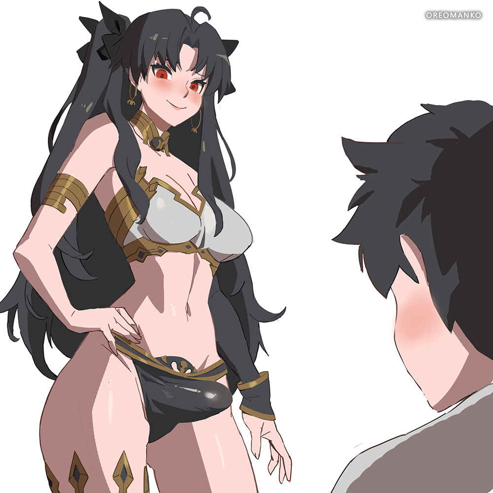 1boy, 1futa, ahoge, areolae, big penis, bikini, black hair, blush, breasts, bulge, cleavage, clothed, clothing, dickgirl, earrings, erection, erection under clothes, eyelashes, eyeshadow, fate (series), fate/grand order, female, fujimaru ritsuka (male), futa focus, futanari, hair ornament, hair ribbons, hand on hip, human, intersex, ishtar (fate), ishtar (fate) (all), ishtar (fate/grand order), jewelry, large penis, light skin, light-skinned futa, long hair, looking at partner, male, male on futa, midriff, mostly nude, navel, nipples, oreomanko, pale skin, penis, penis bulge, red eyes, ribbon, simple background, smile, standing, swimsuit, white background
