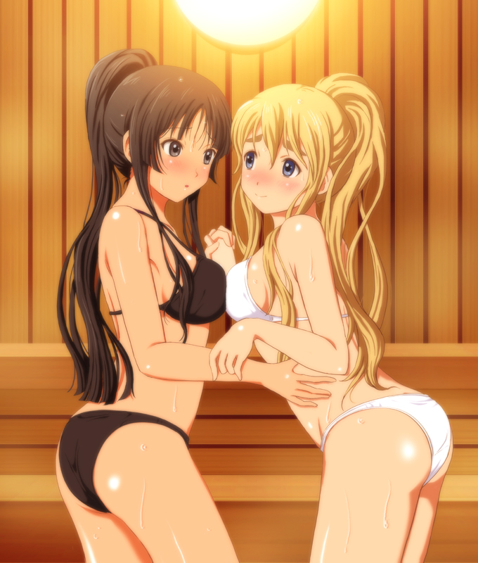 2girls, alternative hairstyle, ass, bikini, black eyes, black hair, black panties, black underwear, blonde hair, blue eyes, blush, breast press, breast-to-breast, breasts, clothing, female, holding hands, interlocked fingers, k-on!, long hair, medium breasts, mio akiyama (k-on!), multiple females, multiple girls, open mouth, pantsu, ponytail, sauna, shian (my lonly life.), sideboob, sweat, swimsuit, symmetrical docking, tied hair, tsumugi kotobuki (k-on!), underwear, white panties, white underwear, yuri