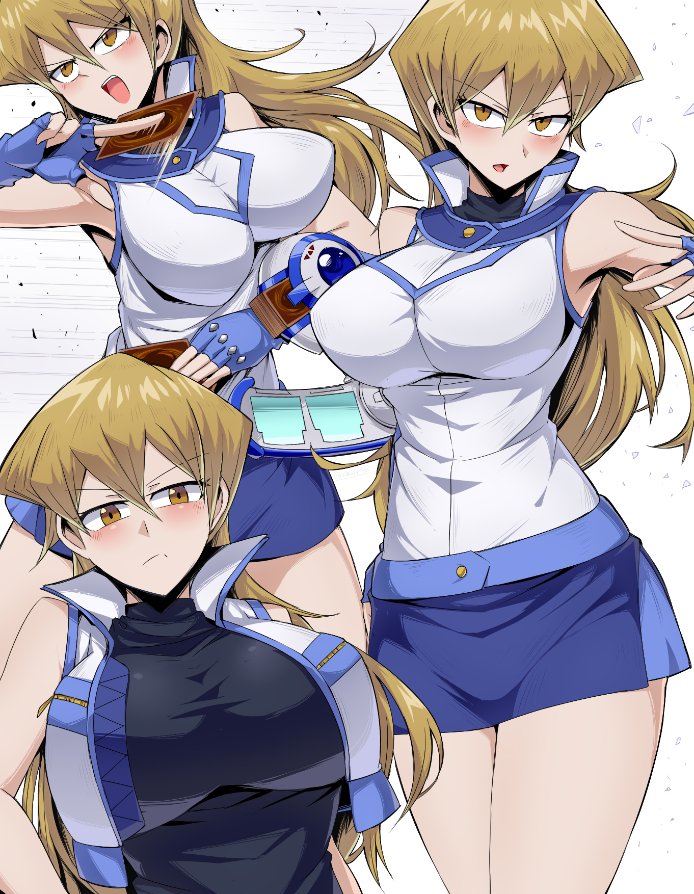 2021, alexis rhodes, alexis rhodes (arc-v), alternate outfit, bare shoulders, big breasts, blonde hair, breasts, brown eyes, female, huge breasts, shimure (460), tagme, tenjouin asuka, yu-gi-oh!, yu-gi-oh! arc-v, yu-gi-oh! gx