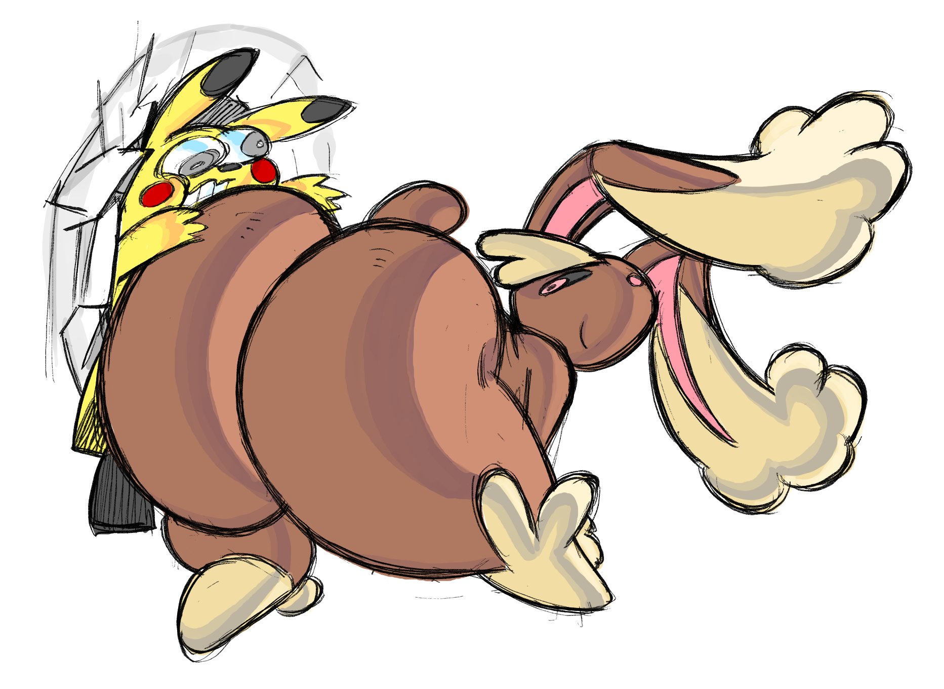 anthro, ass, butt slam, cosplay pikachu, female, huge ass, larger female, lopunny, male, nintendo, nondelismell, pikachu, pokémon (species), pokemon, pokemon (species), size difference, smaller male, video games
