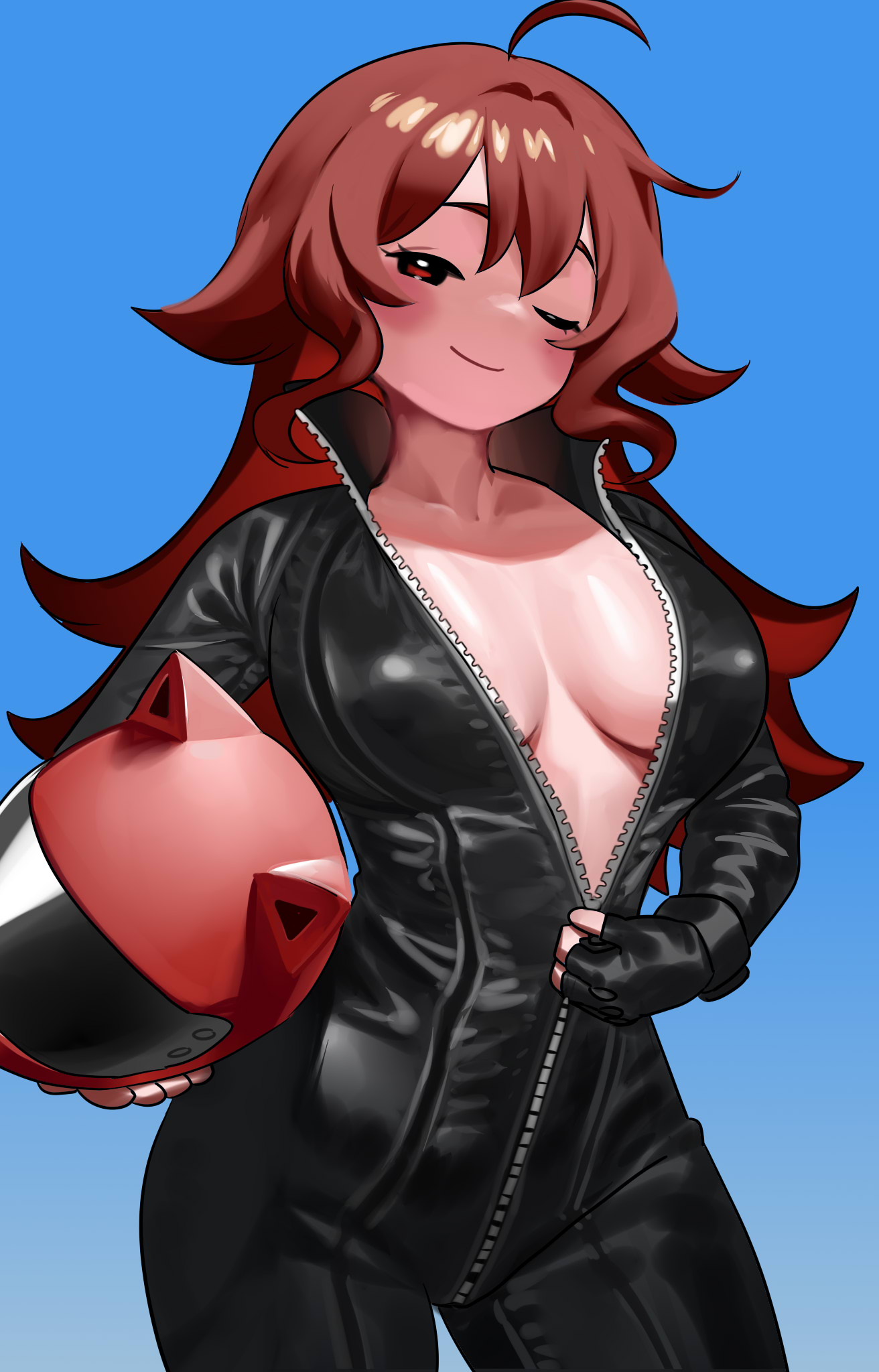 1girls, big breasts, biker clothes, bodysuit, breasts, female, female focus, female only, friday night funkin, girlfriend (friday night funkin), helmet, helmet removed, long hair, motorcycle helmet, nia (nia4294), solo, solo female, solo focus, tagme, unzipped, unzipped bodysuit, unzipping